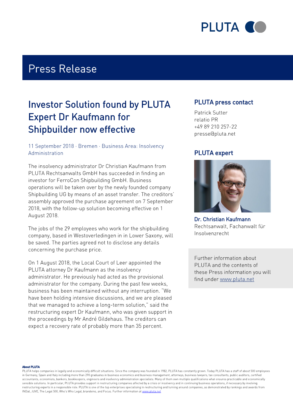 Investor Solution Found by PLUTA Expert Dr Kaufmann for Shipbuilder