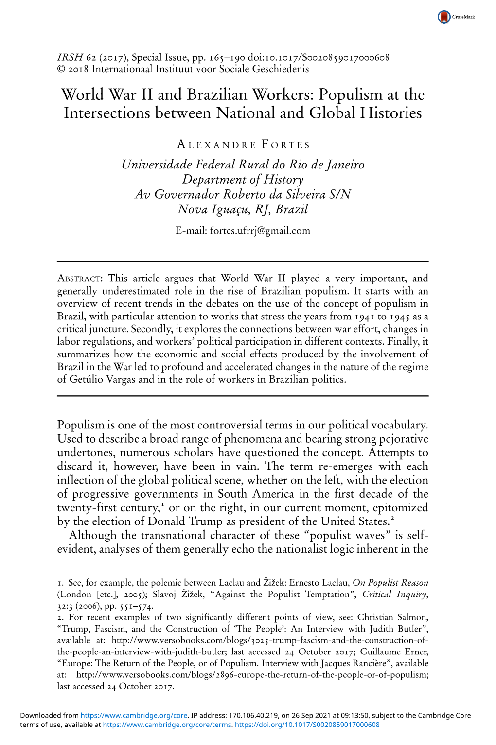 World War II and Brazilian Workers: Populism at the Intersections Between National and Global Histories