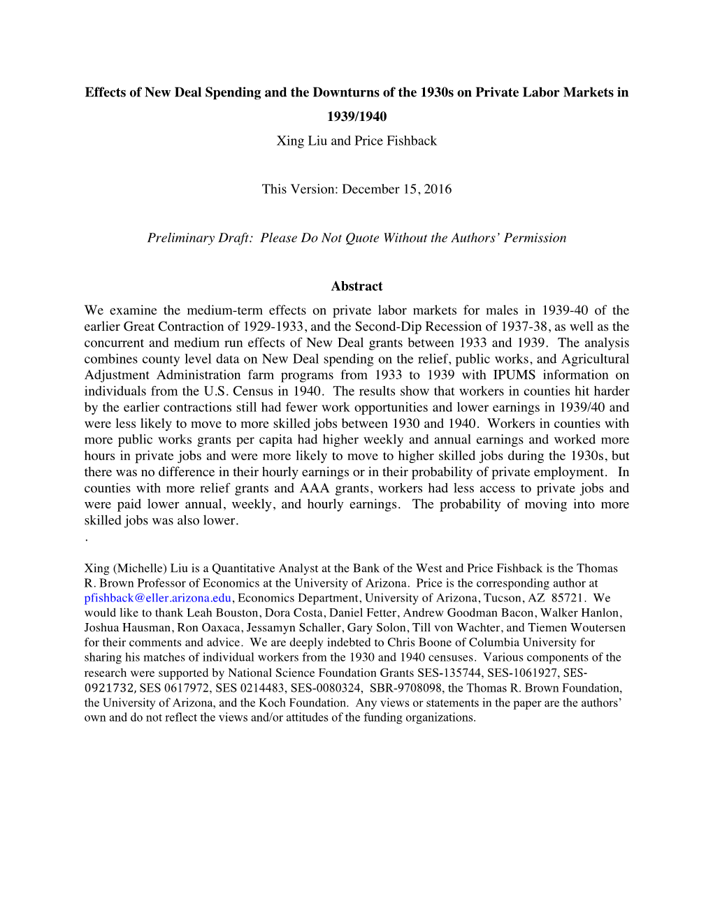 Effects of New Deal Spending and the Downturns of the 1930S on Private Labor Markets in 1939/1940 Xing Liu and Price Fishback