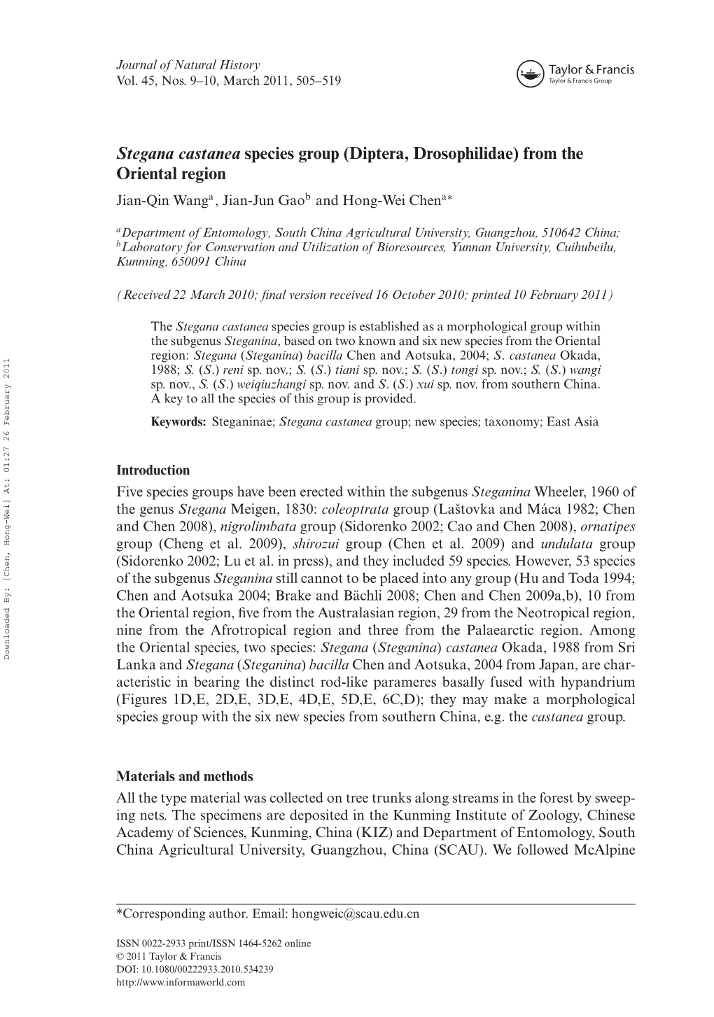 Stegana Castanea Species Group (Diptera, Drosophilidae) from the Oriental Region Jian-Qin Wanga , Jian-Jun Gaob and Hong-Wei Chena∗