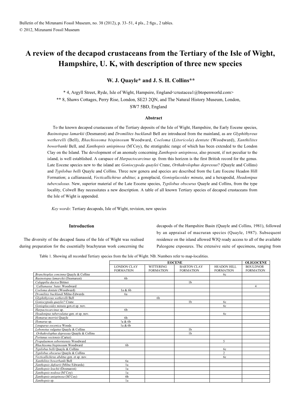 A Review of the Decapod Crustaceans from the Tertiary of the Isle of Wight, Hampshire, U