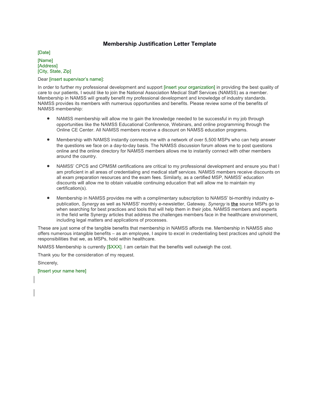 Membership Justification Letter Template