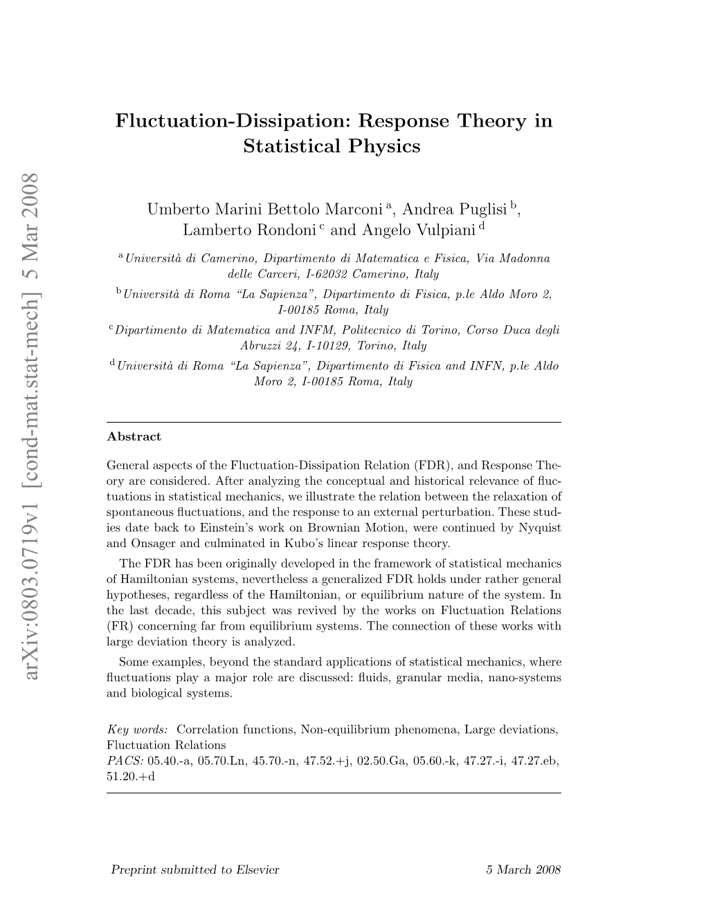 Fluctuation-Dissipation: Response Theory in Statistical Physics