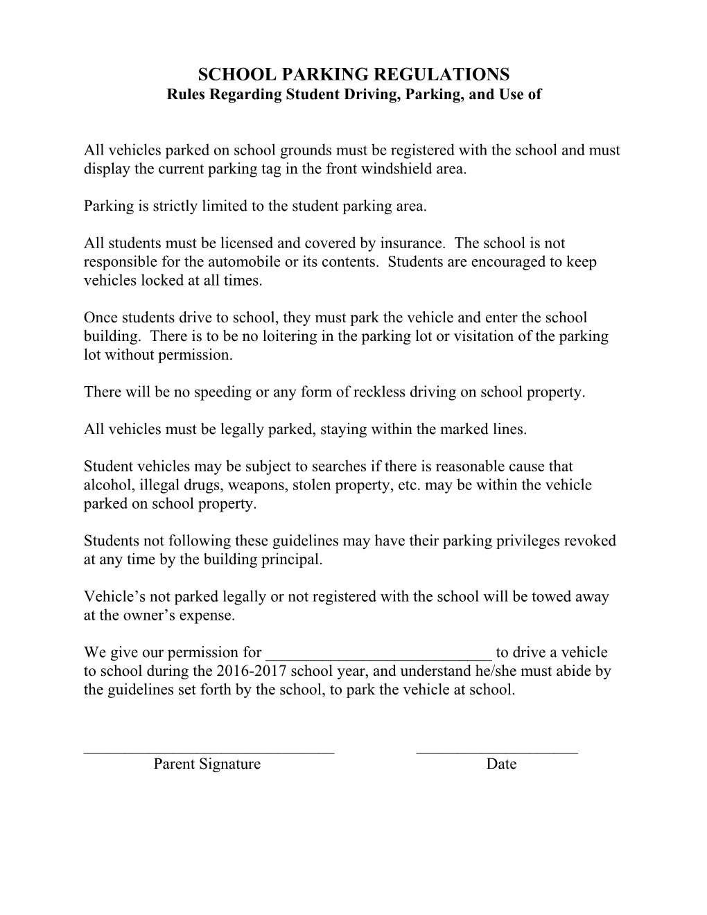 School Parking Regulations