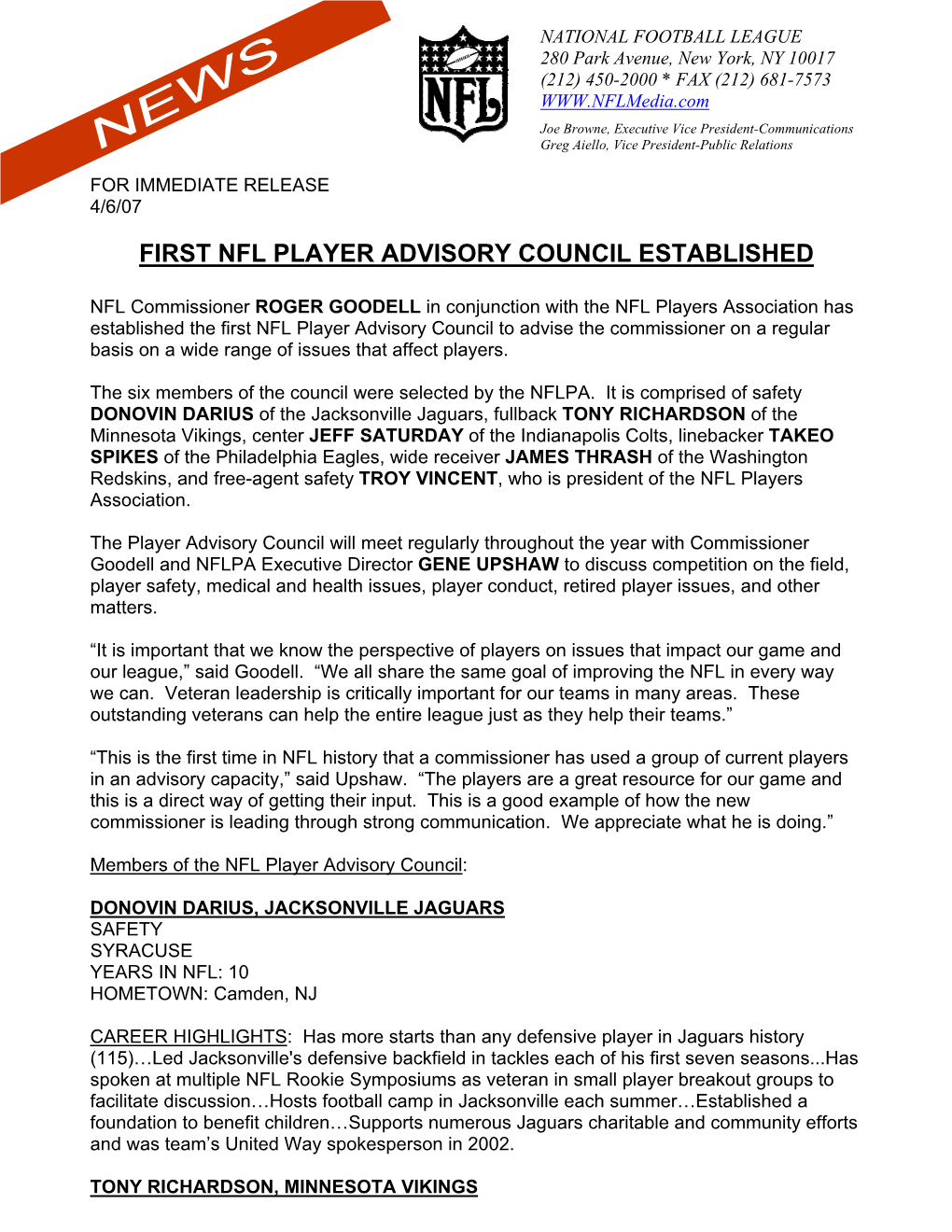 First Nfl Player Advisory Council Established