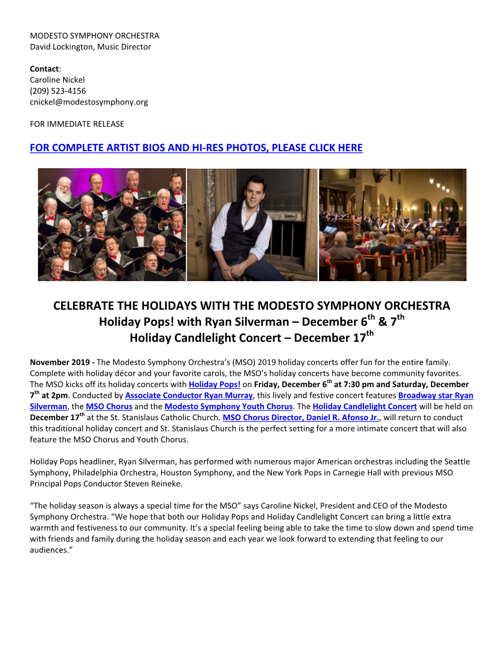 CELEBRATE the HOLIDAYS with the MODESTO SYMPHONY ORCHESTRA Holiday Pops! with Ryan Silverman – December 6Th & 7Th Holiday Candlelight Concert – December 17Th