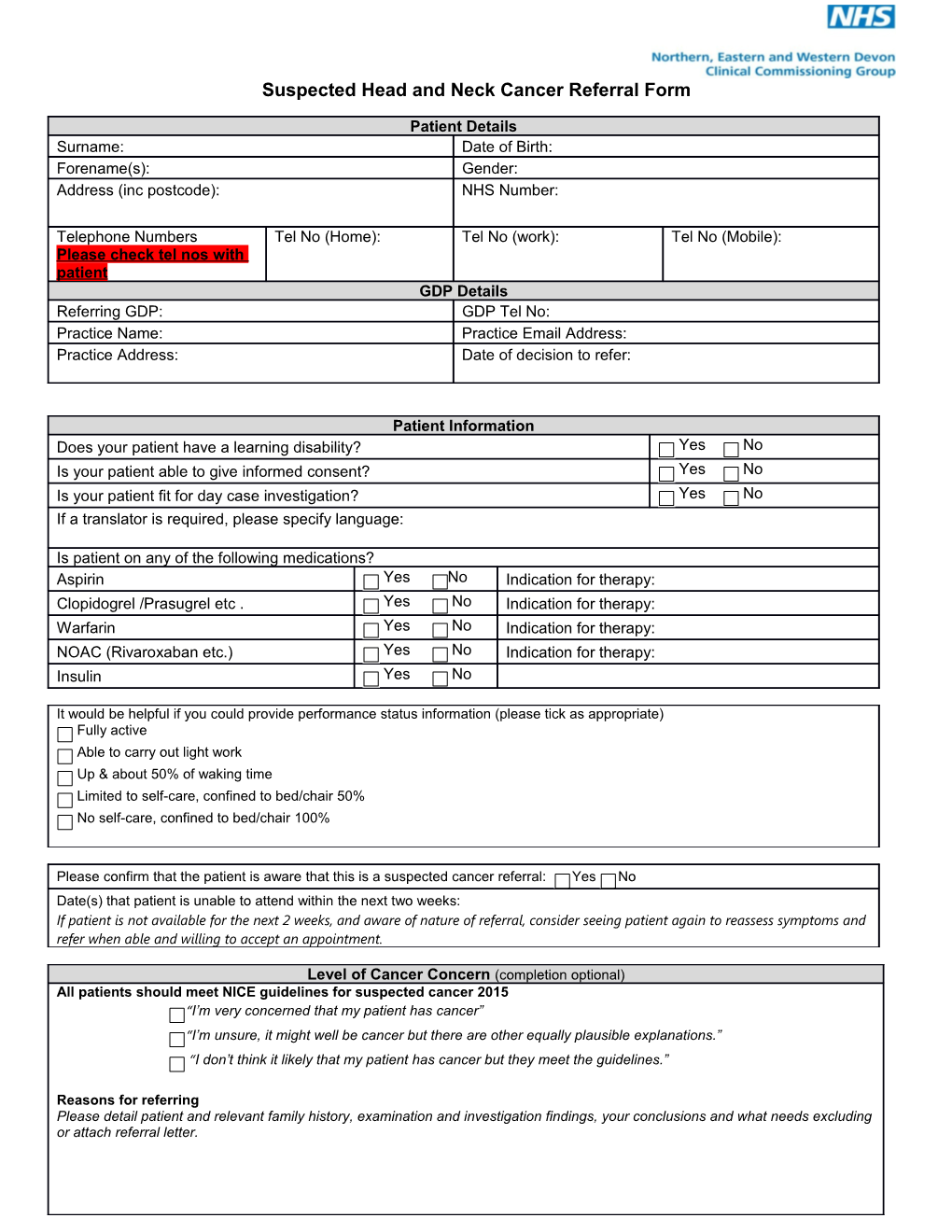 Suspected Head and Neck Cancer Referral Form