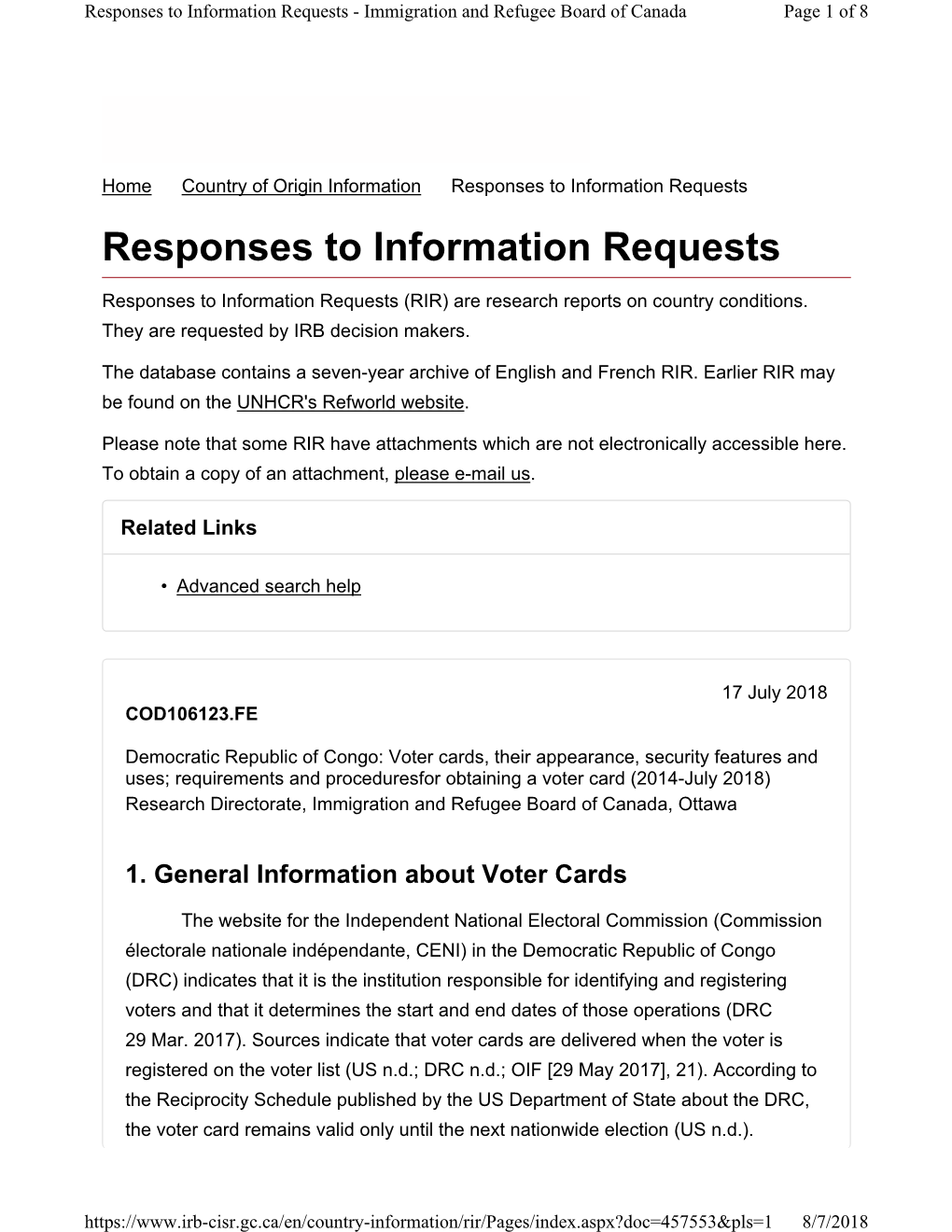 Responses to Information Requests - Immigration and Refugee Board of Canada Page 1 of 8