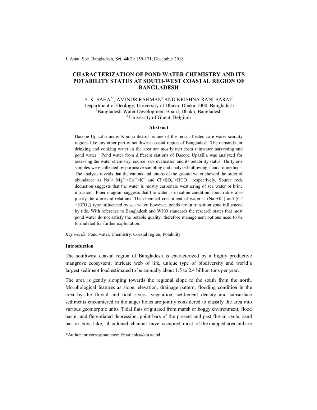 Characterization of Pond Water Chemistry and Its Potability Status at South-West Coastal Region of Bangladesh