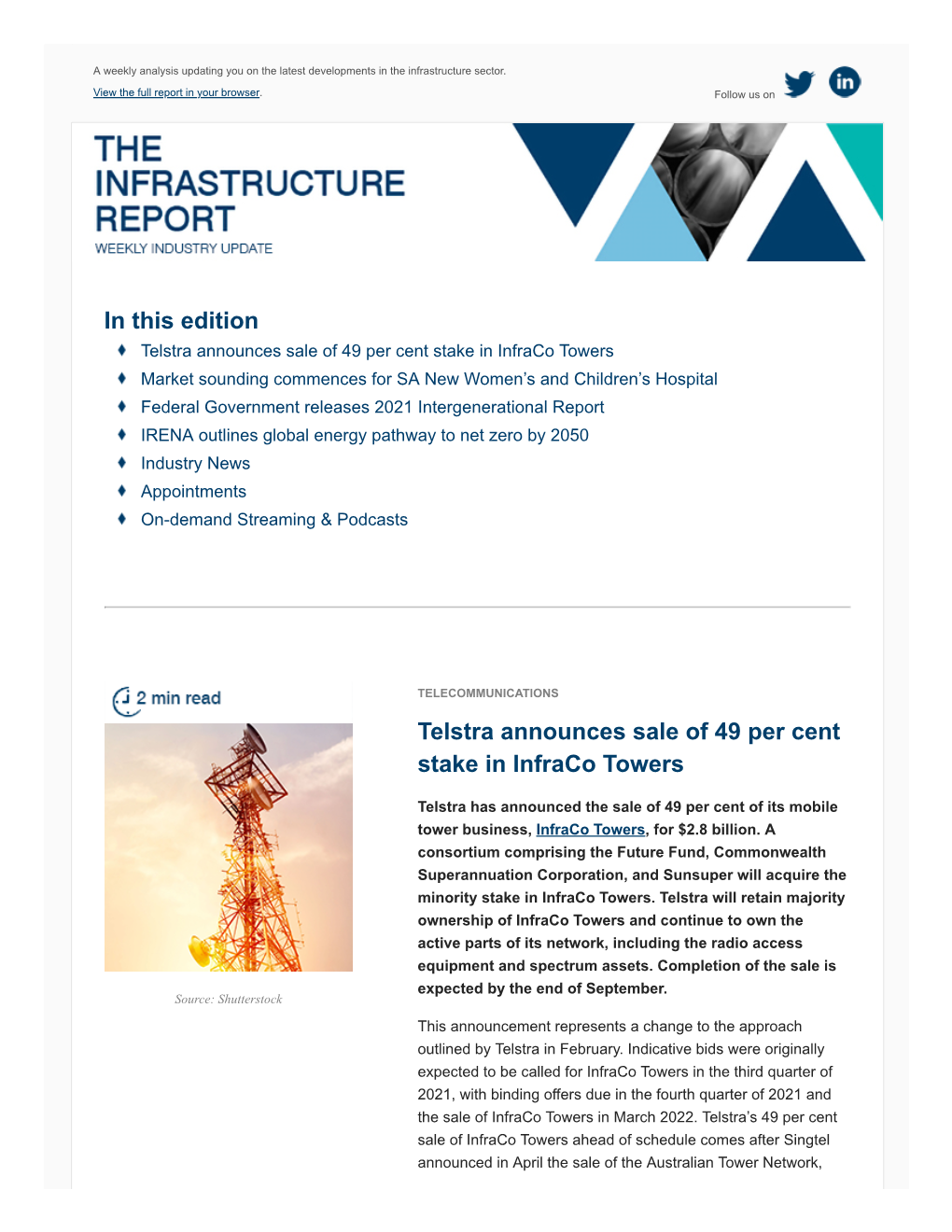 In This Edition Telstra Announces Sale of 49 Per Cent Stake in Infraco Towers