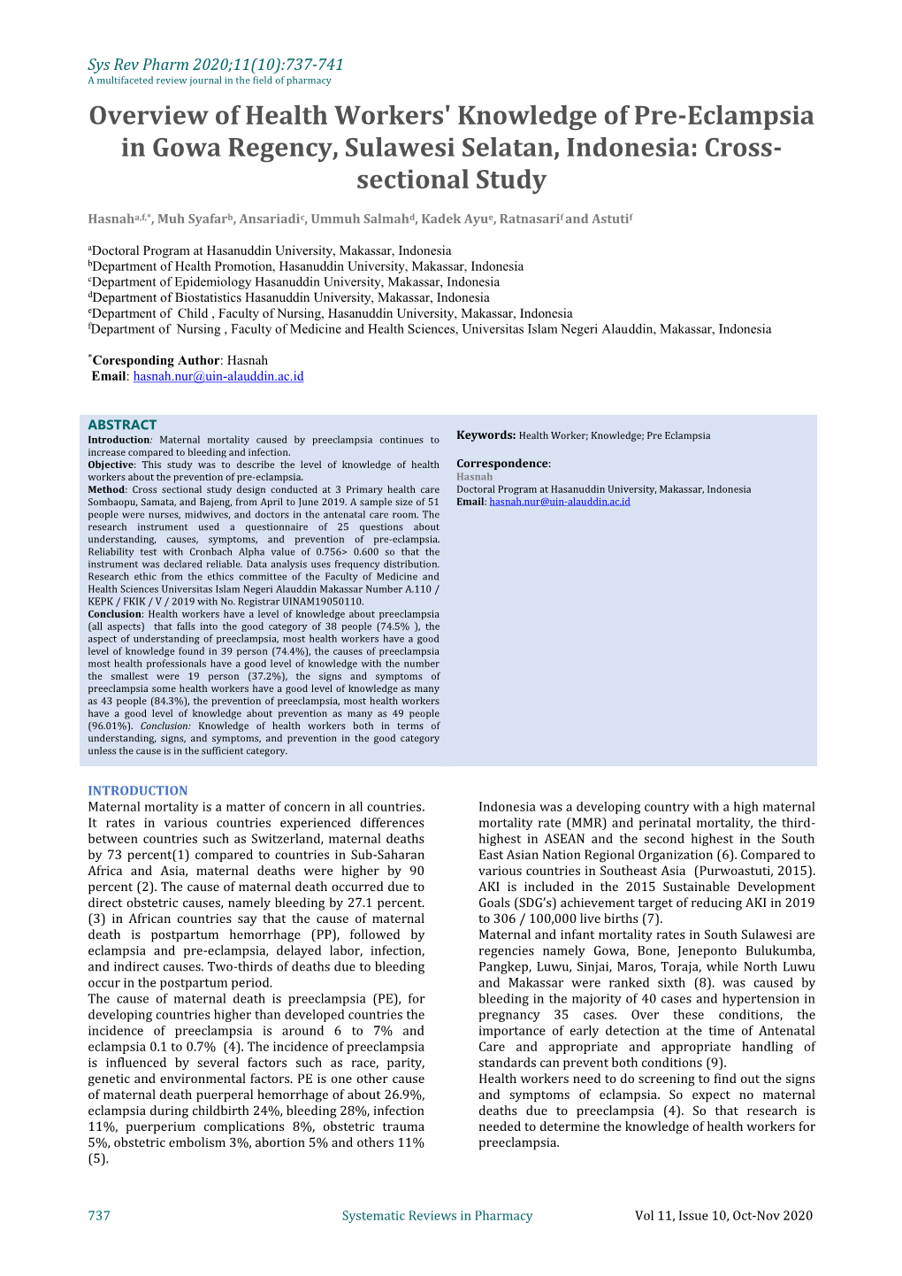 Overview of Health Workers' Knowledge of Pre-Eclampsia in Gowa Regency, Sulawesi Selatan, Indonesia: Cross- Sectional Study