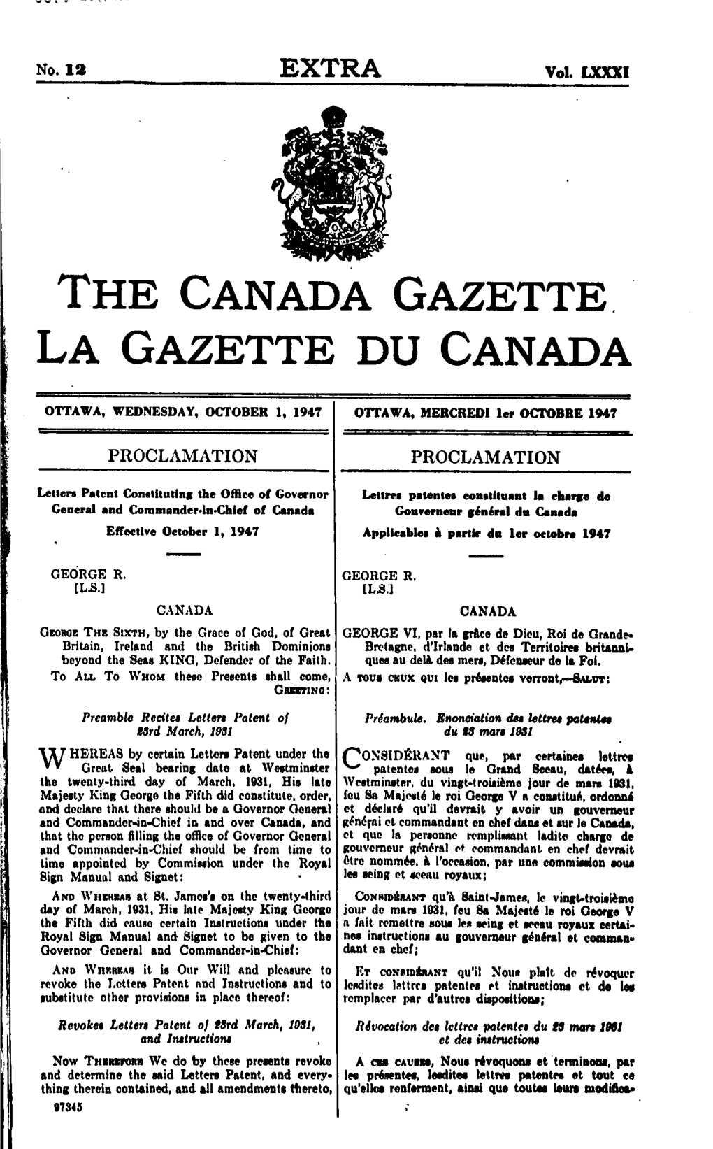 Lettres Patentes Constituant La Charge De Gouverneur Général Du Canada