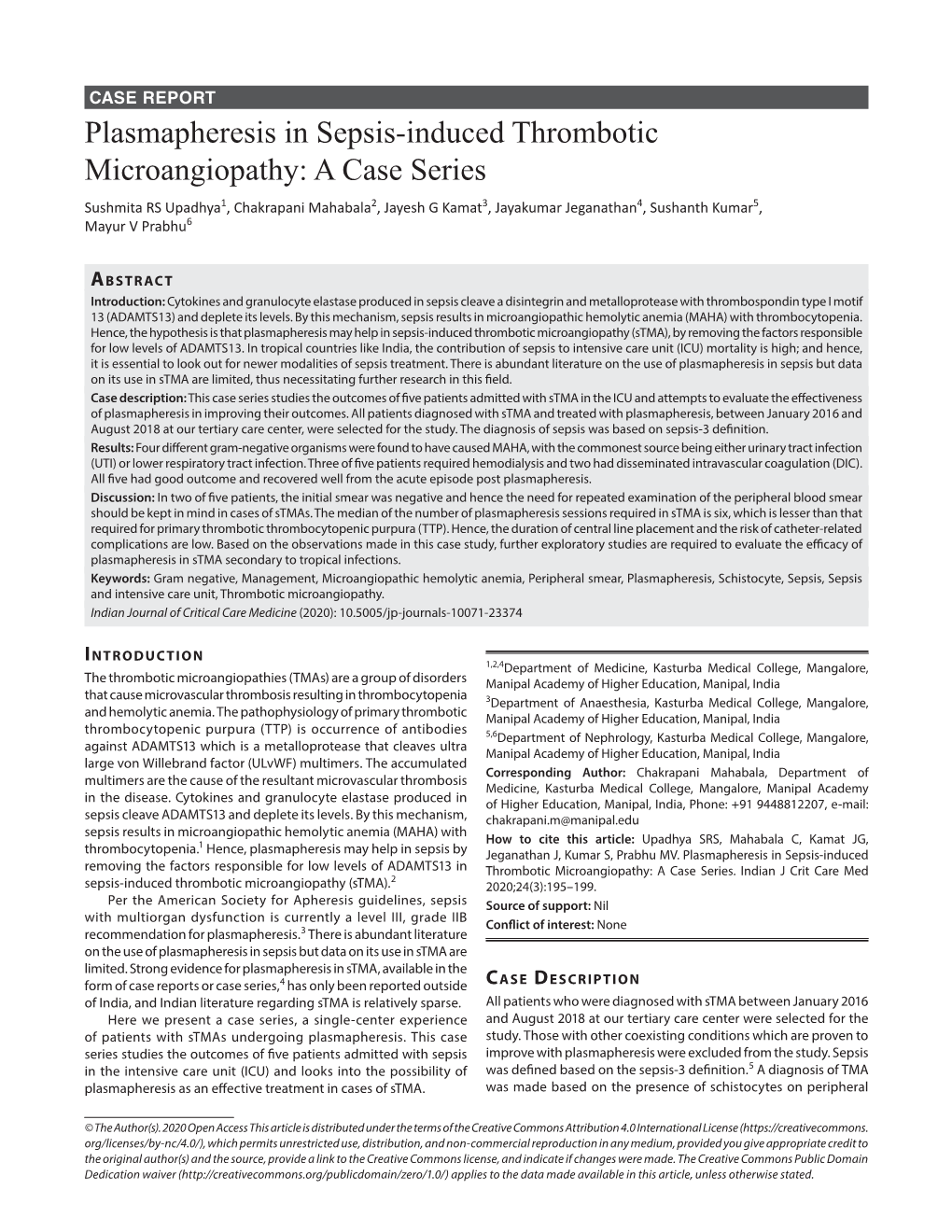 Plasmapheresis in Sepsis-Induced Thrombotic Microangiopathy