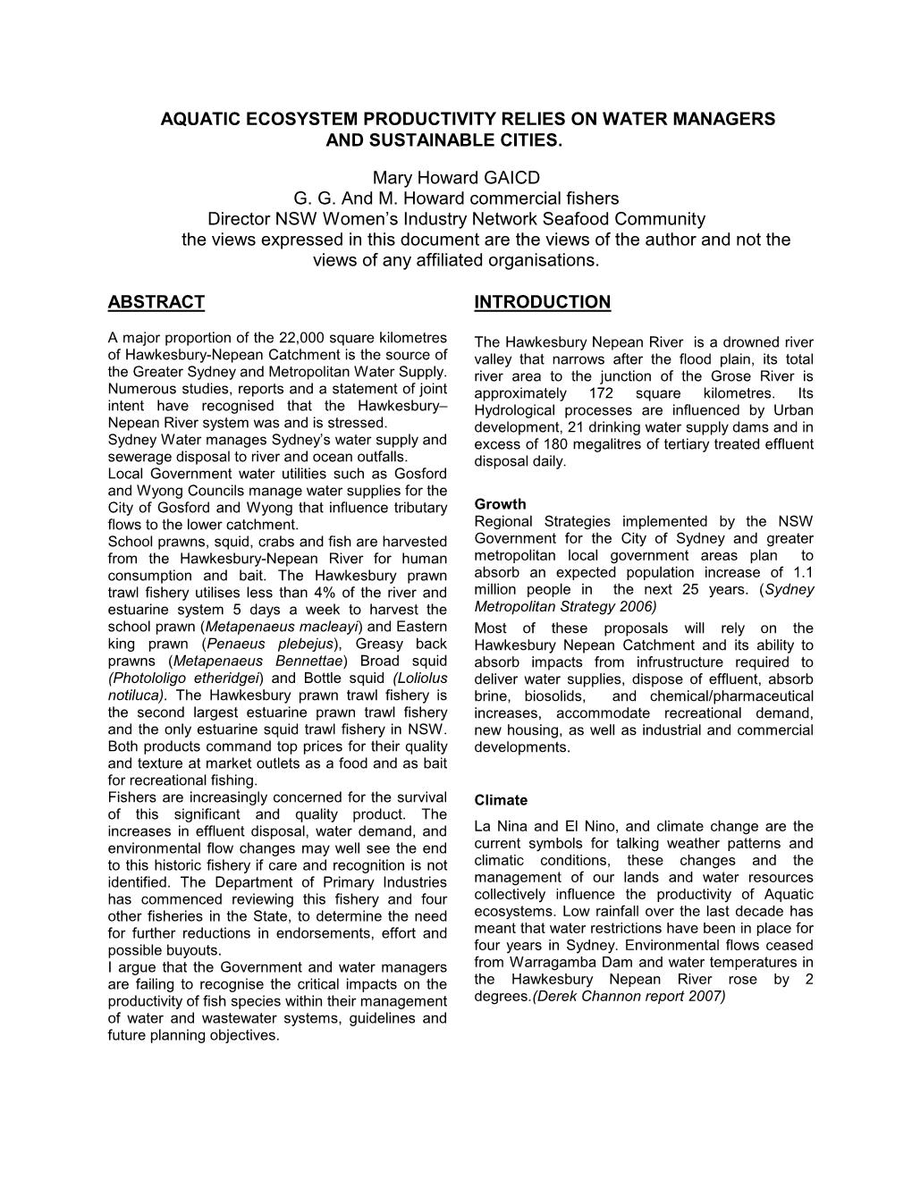 Attachment 1: Aquatic Ecosystem Productivity Relies on Water