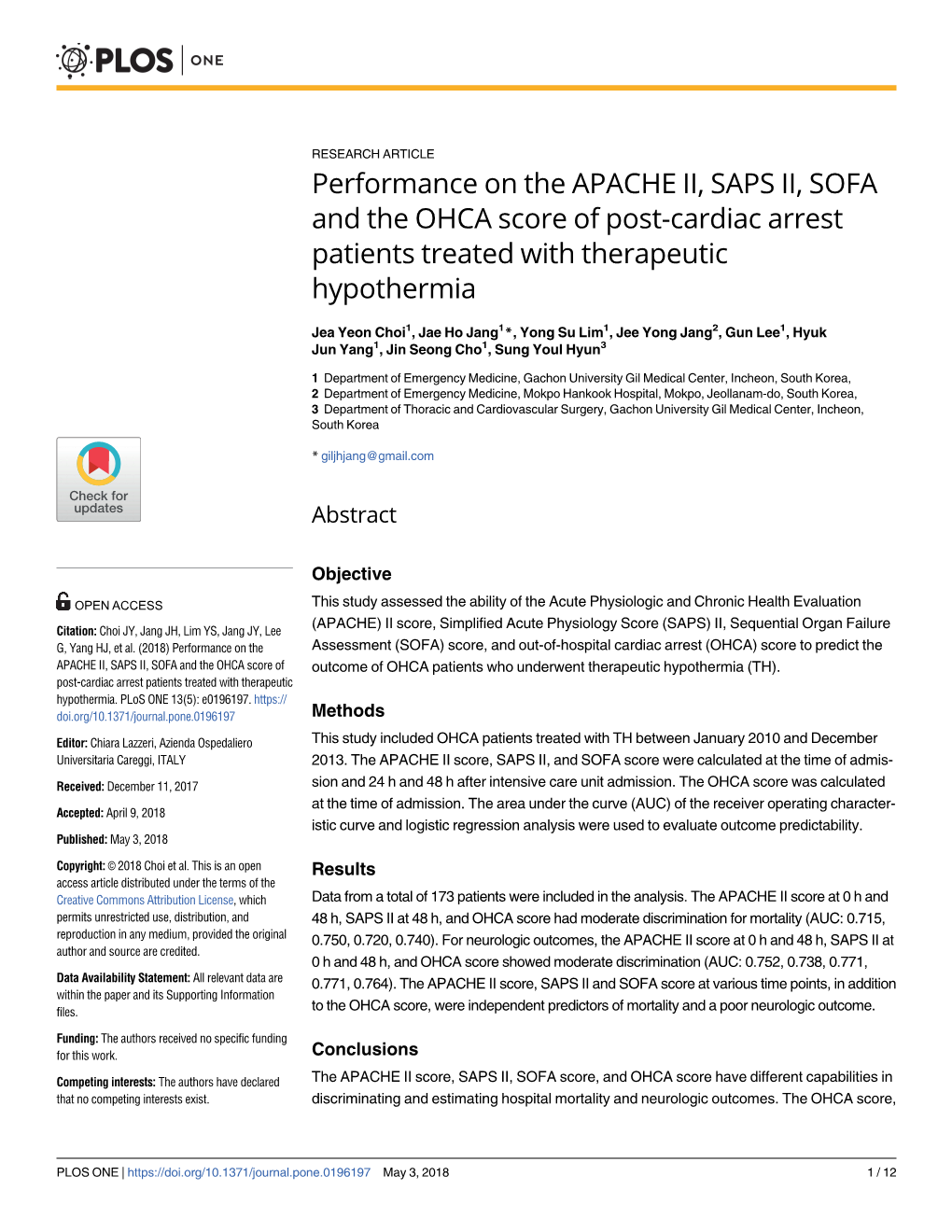 Performance on the APACHE II, SAPS II, SOFA and the OHCA Score of Post-Cardiac Arrest Patients Treated with Therapeutic Hypothermia