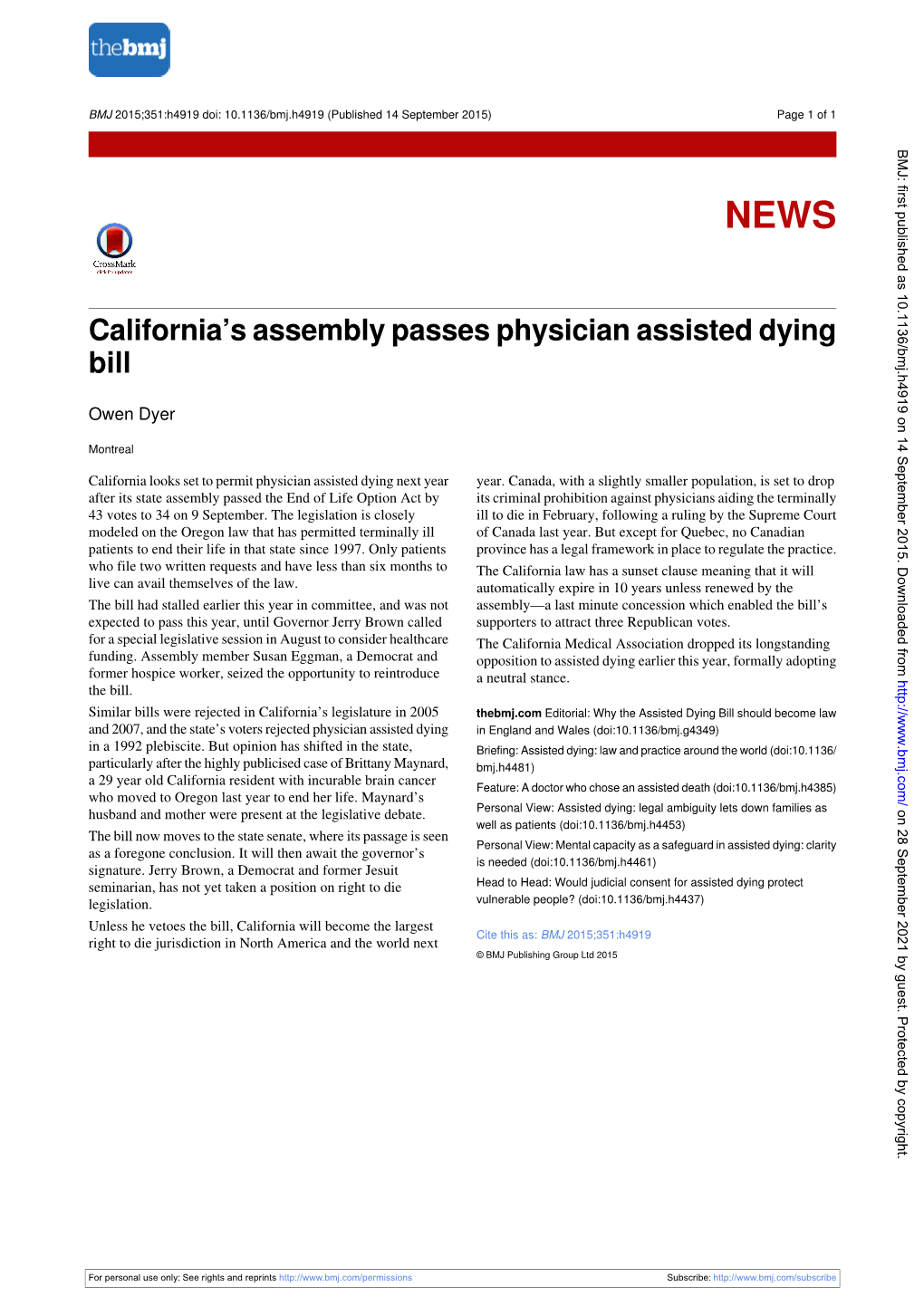 California's Assembly Passes Physician Assisted Dying Bill
