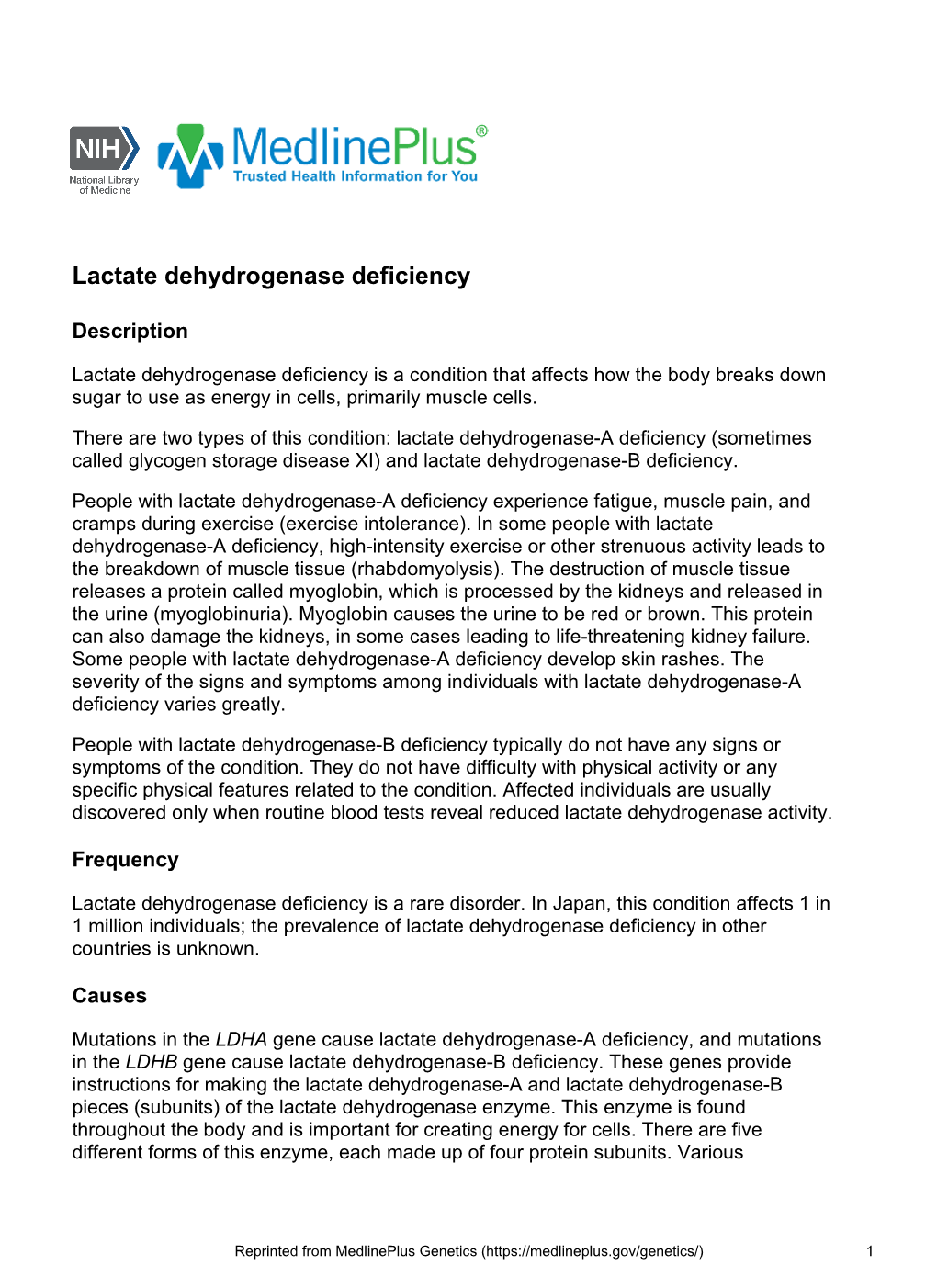 Lactate Dehydrogenase Deficiency