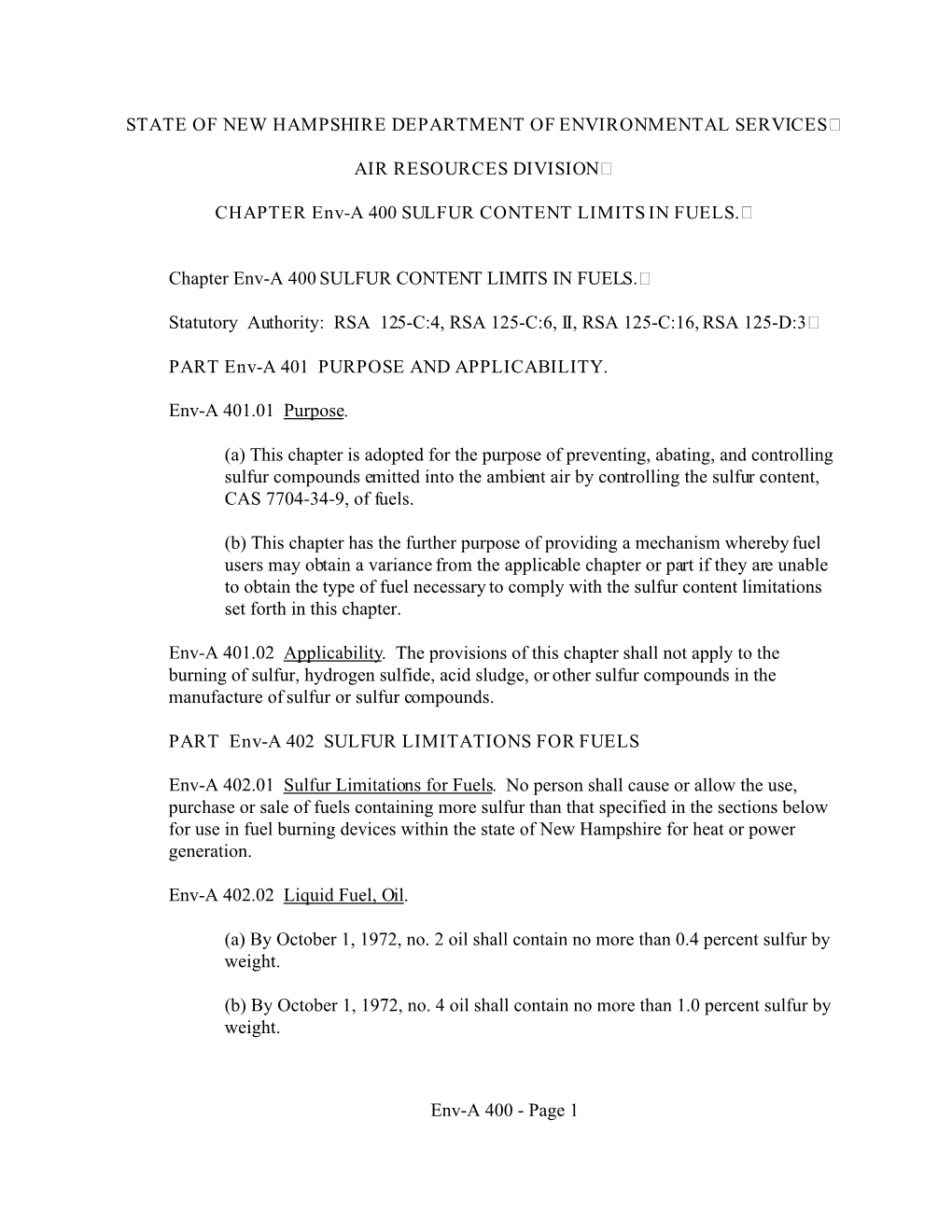 Chapter Env-A 400, Sulfur Content Limits in Fuels