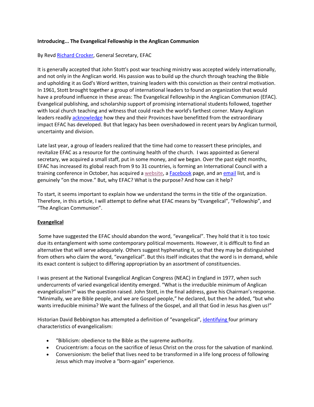 Introducing... the Evangelical Fellowship in the Anglican Communion by Revd Richard Crocker, General Secretary, EFAC It Is Gener