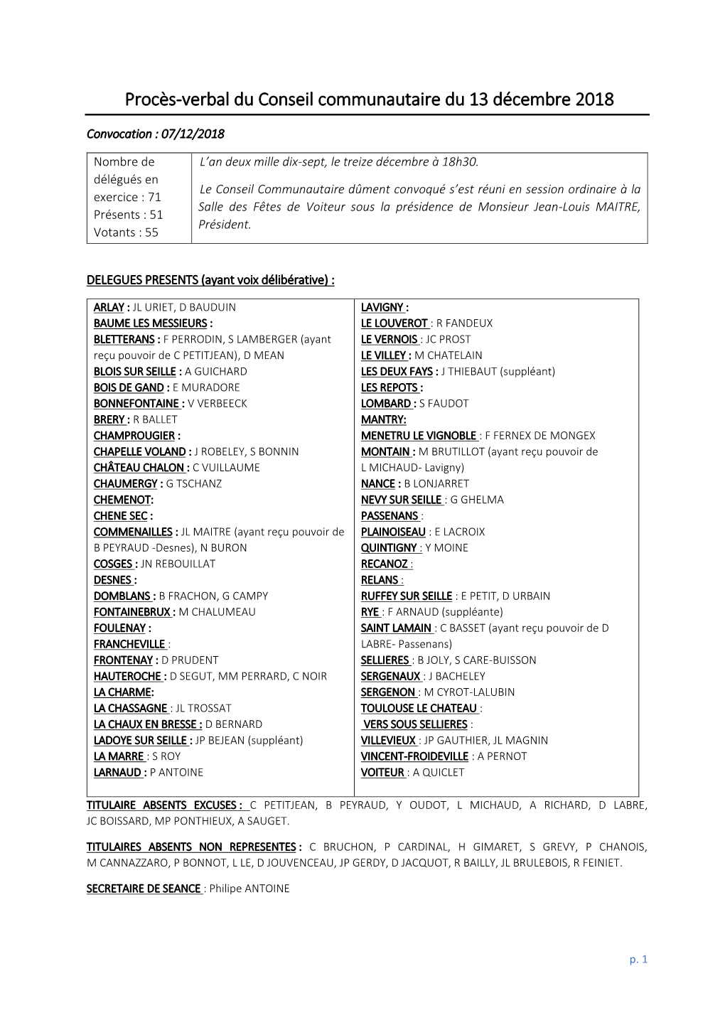 Procès-Verbal Du Conseil Communautaire Du 13 Décembre 2018