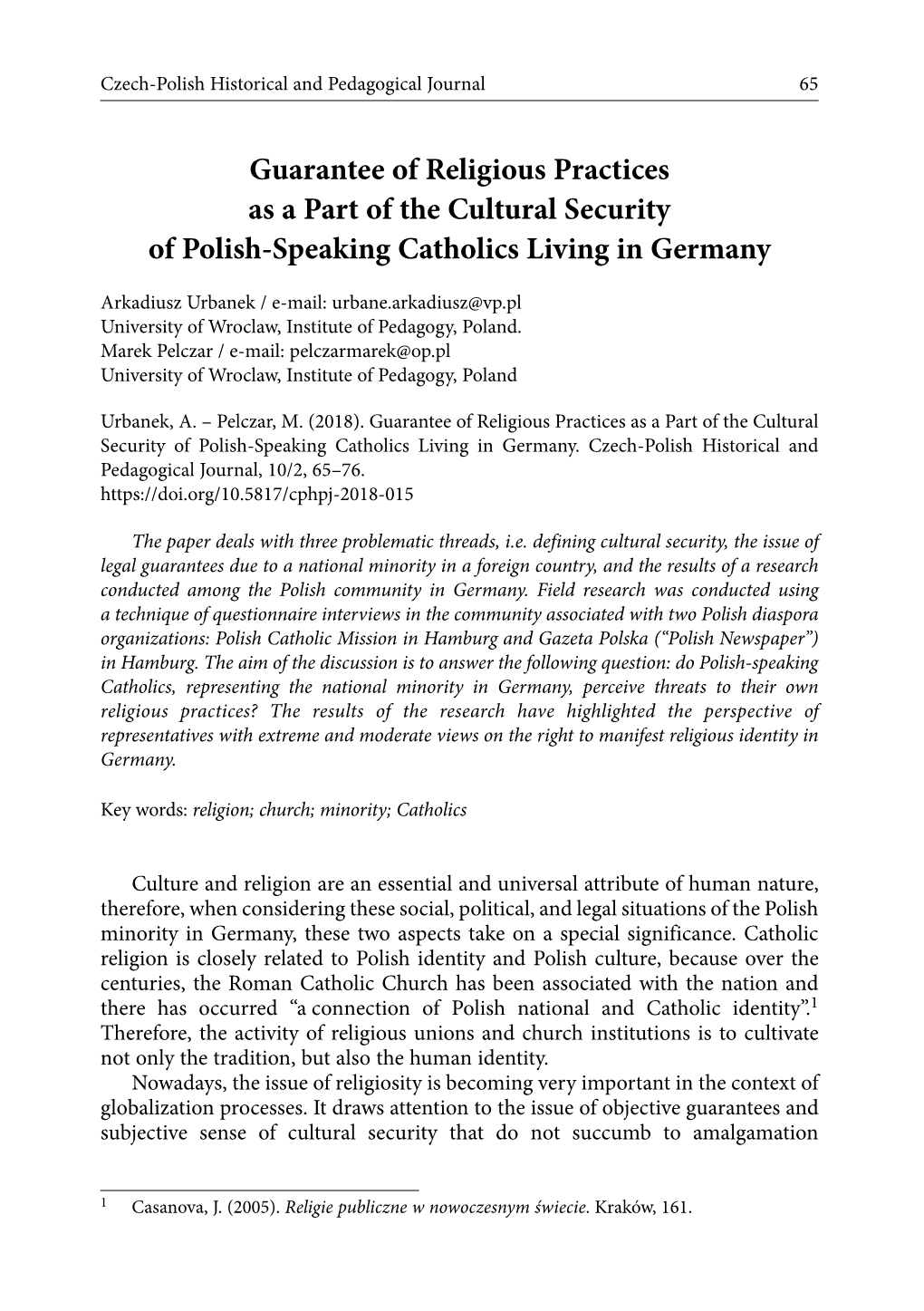 Guarantee of Religious Practices As a Part of the Cultural Security of Polish-Speaking Catholics Living in Germany