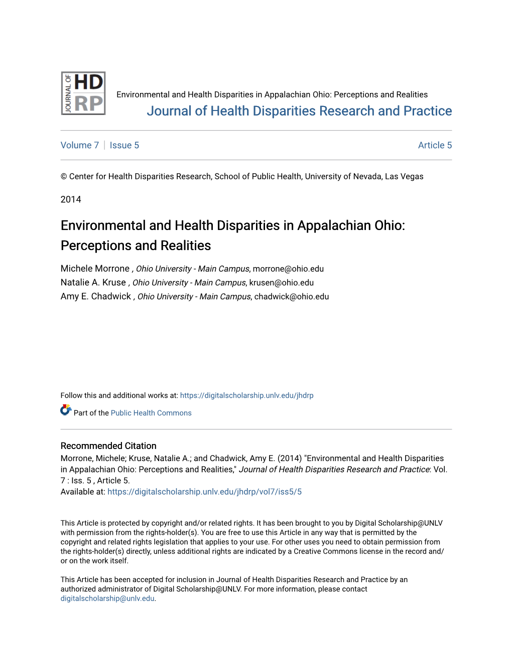 Environmental and Health Disparities in Appalachian Ohio: Perceptions and Realities Journal of Health Disparities Research and Practice