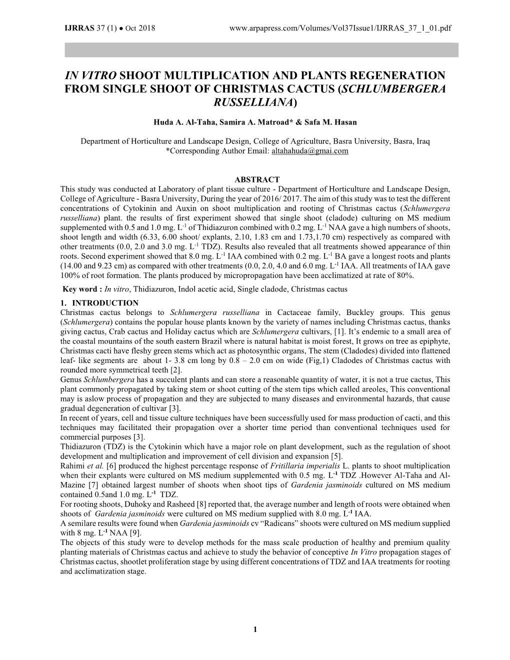 In Vitro Shoot Multiplication and Plants Regeneration from Single Shoot of Christmas Cactus (Schlumbergera Russelliana)