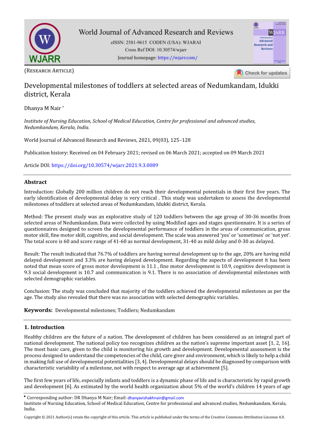 Developmental Milestones of Toddlers at Selected Areas of Nedumkandam, Idukki District, Kerala