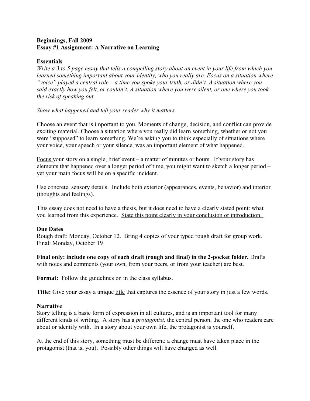 Essay #1 Assignment: a Narrative on Learning