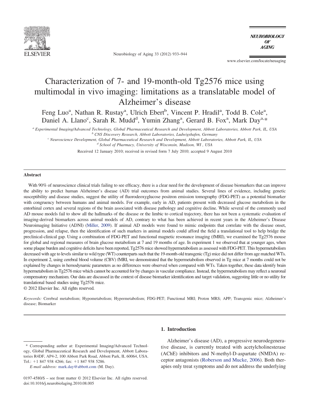 And 19-Month-Old Tg2576 Mice Using Multimodal in Vivo Imaging: Limitations As a Translatable Model of Alzheimer’S Disease Feng Luoa, Nathan R