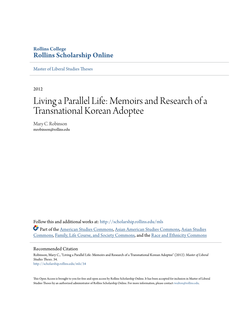 Memoirs and Research of a Transnational Korean Adoptee Mary C