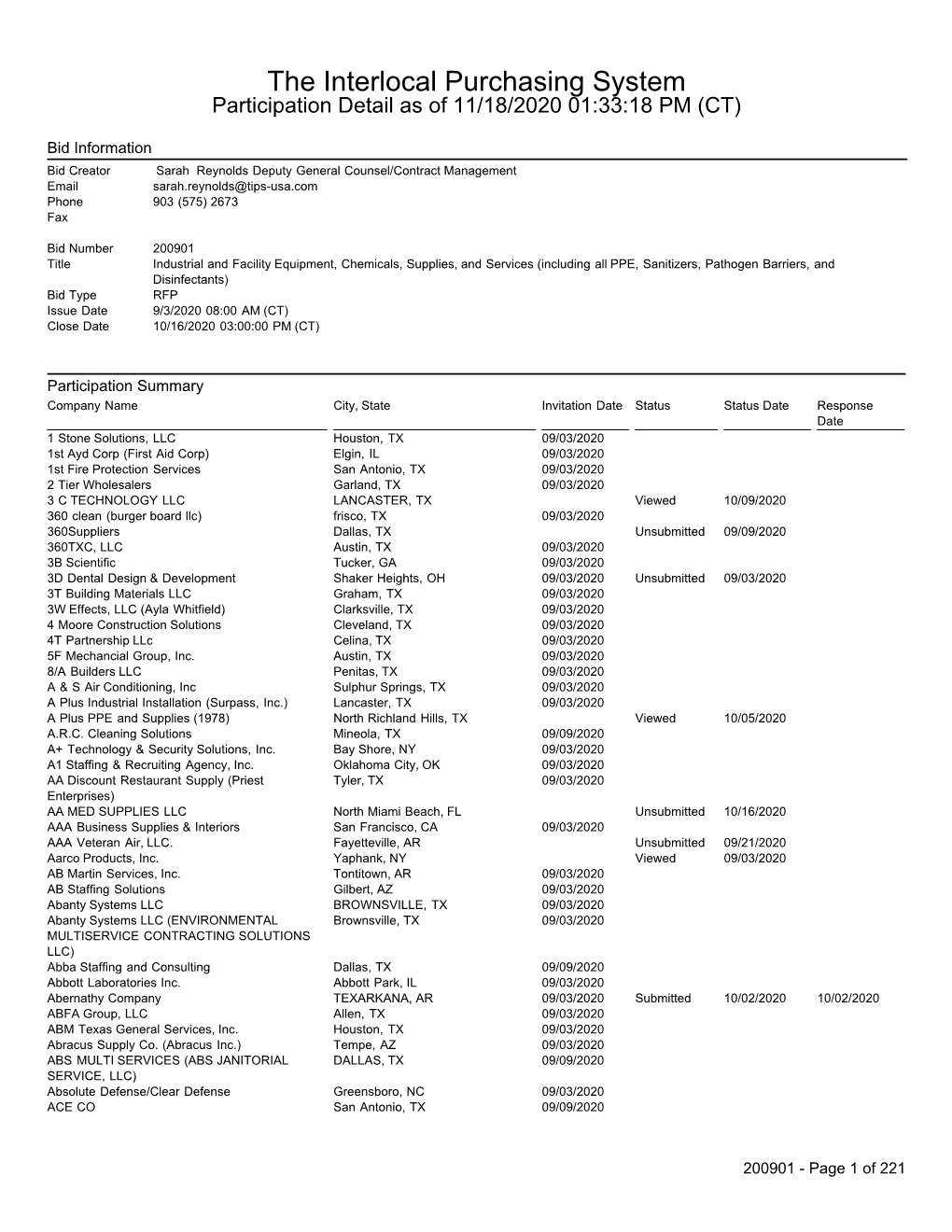 The Interlocal Purchasing System Participation Detail As of 11/18/2020 01:33:18 PM (CT)