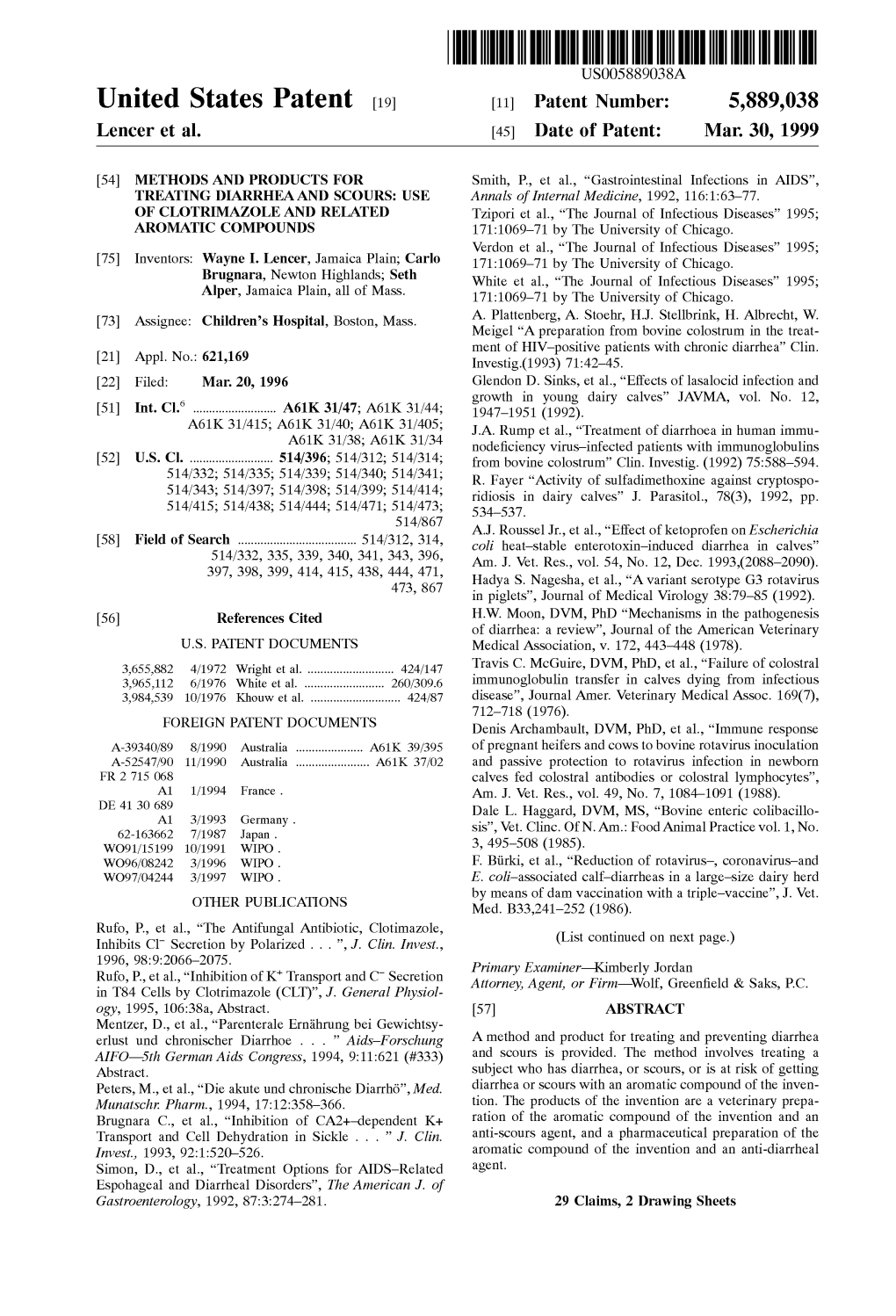 United States Patent (19) 11 Patent Number: 5,889,038 Lencer Et Al