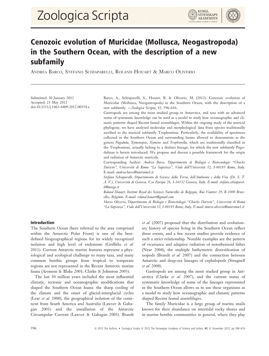 Cenozoic Evolution of Muricidae (Mollusca, Neogastropoda) in the Southern Ocean, with the Description of a New Subfamily