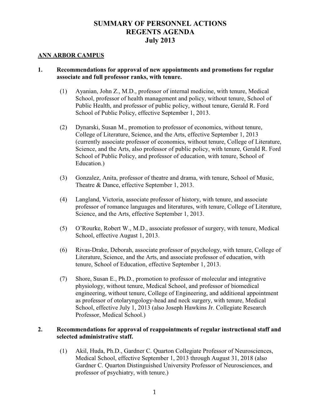 SUMMARY of PERSONNEL ACTIONS REGENTS AGENDA July 2013