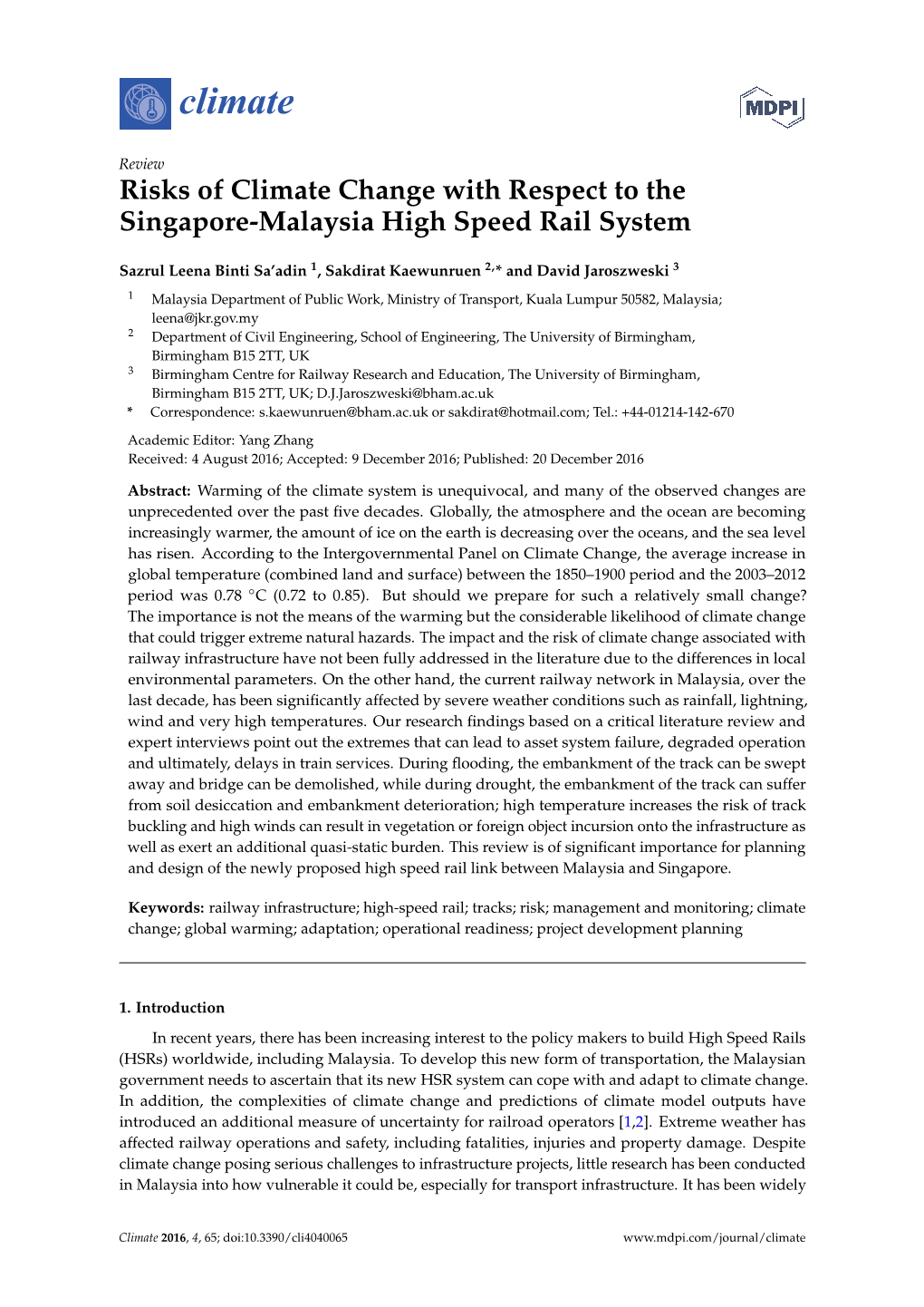 Risks of Climate Change with Respect to the Singapore-Malaysia High Speed Rail System