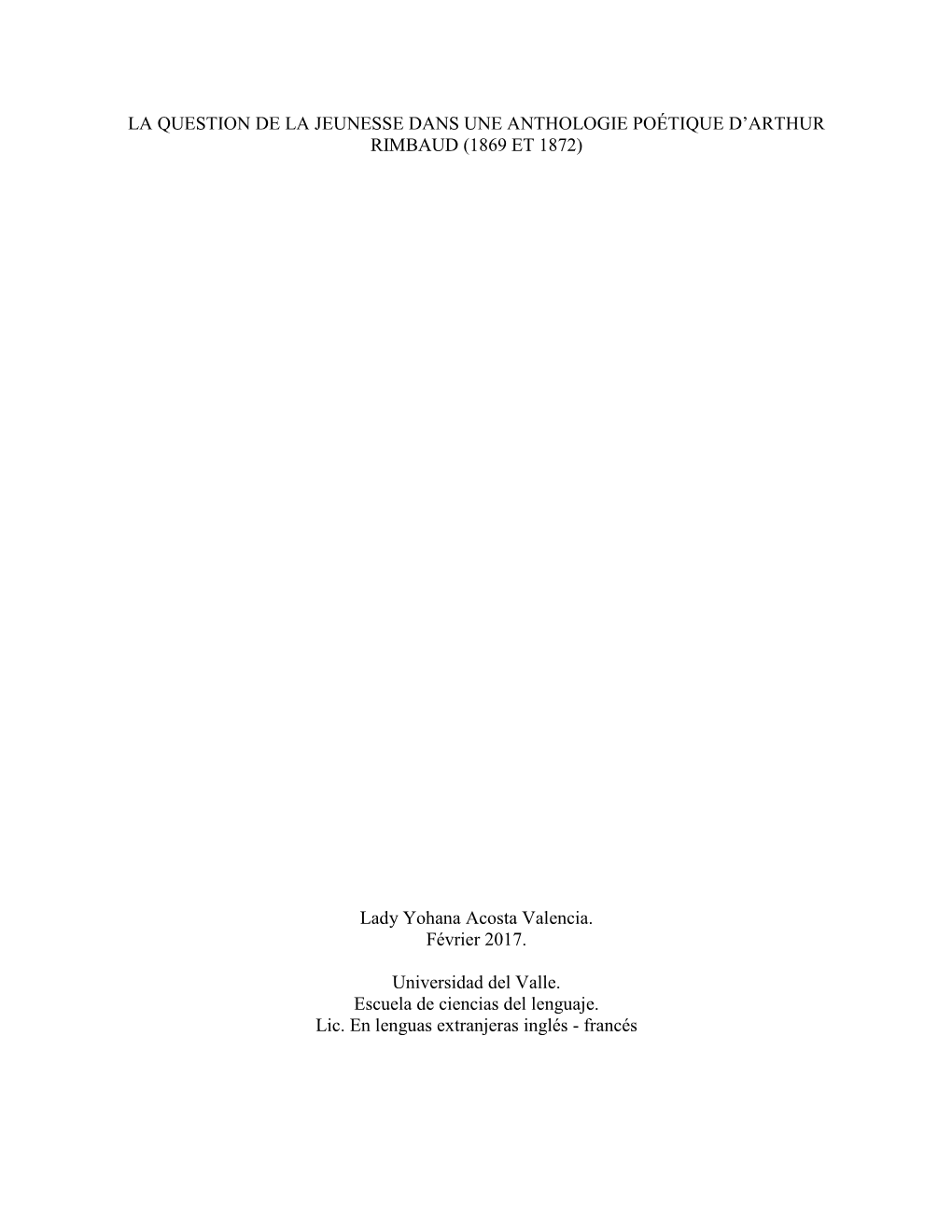 La Question De La Jeunesse Dans Une Anthologie Poétique D’Arthur Rimbaud (1869 Et 1872)