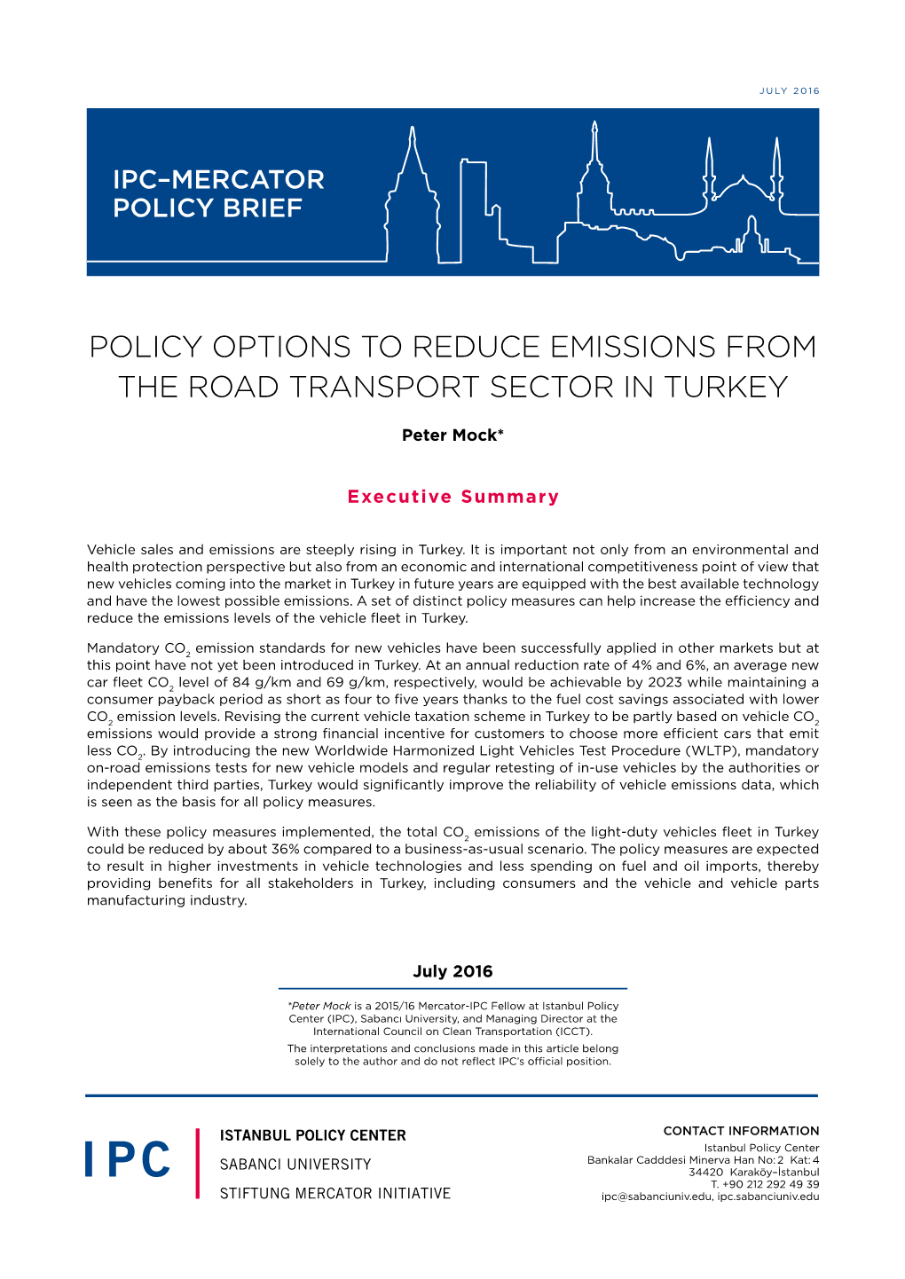 Policy Options to Reduce Emissions from the Road Transport Sector in Turkey