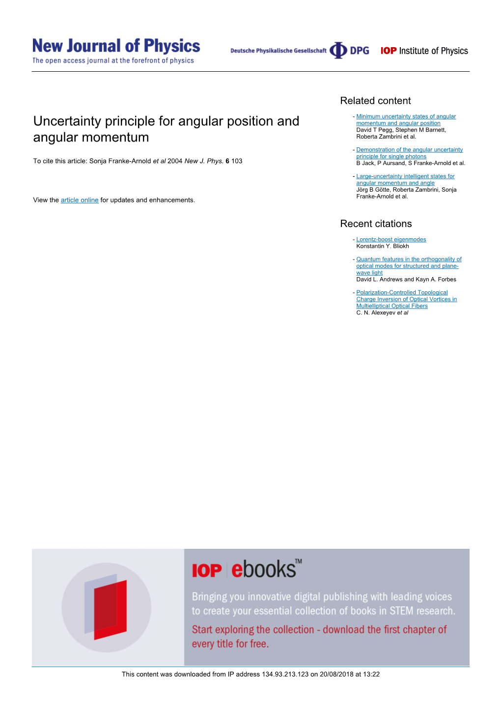 Uncertainty Principle for Angular Position and Angular Momentum