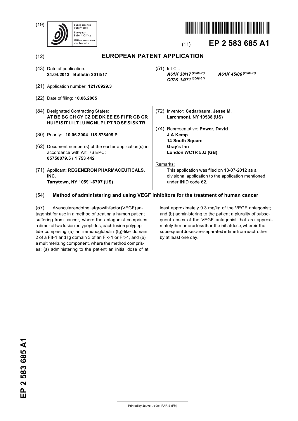 Method of Administering and Using VEGF Inhibitors for the Treatment of Human Cancer