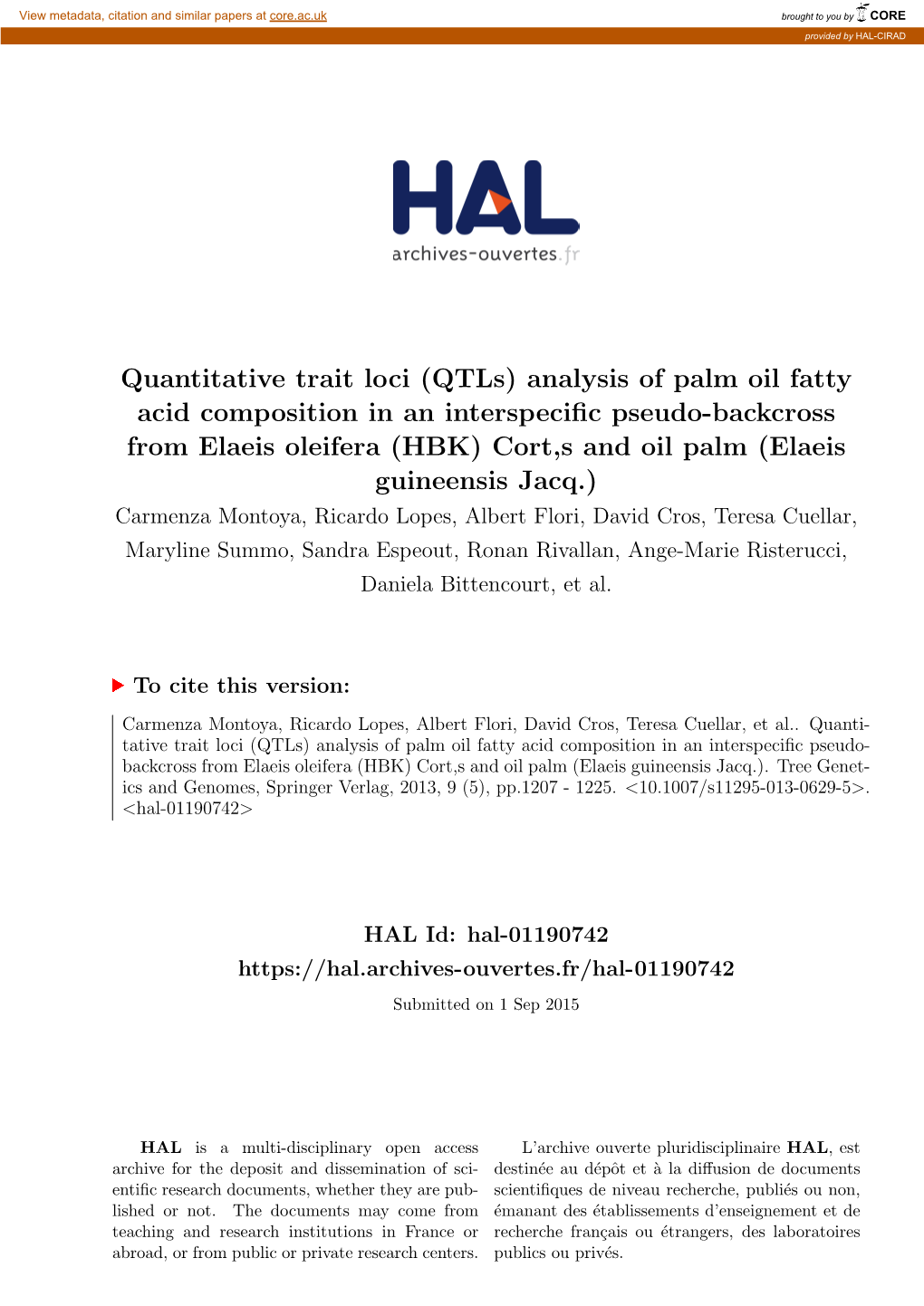 Quantitative Trait Loci (Qtls) Analysis of Palm Oil Fatty Acid Composition In