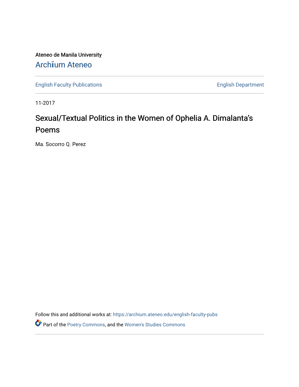 Sexual/Textual Politics in the Women of Ophelia A. Dimalanta's Poems