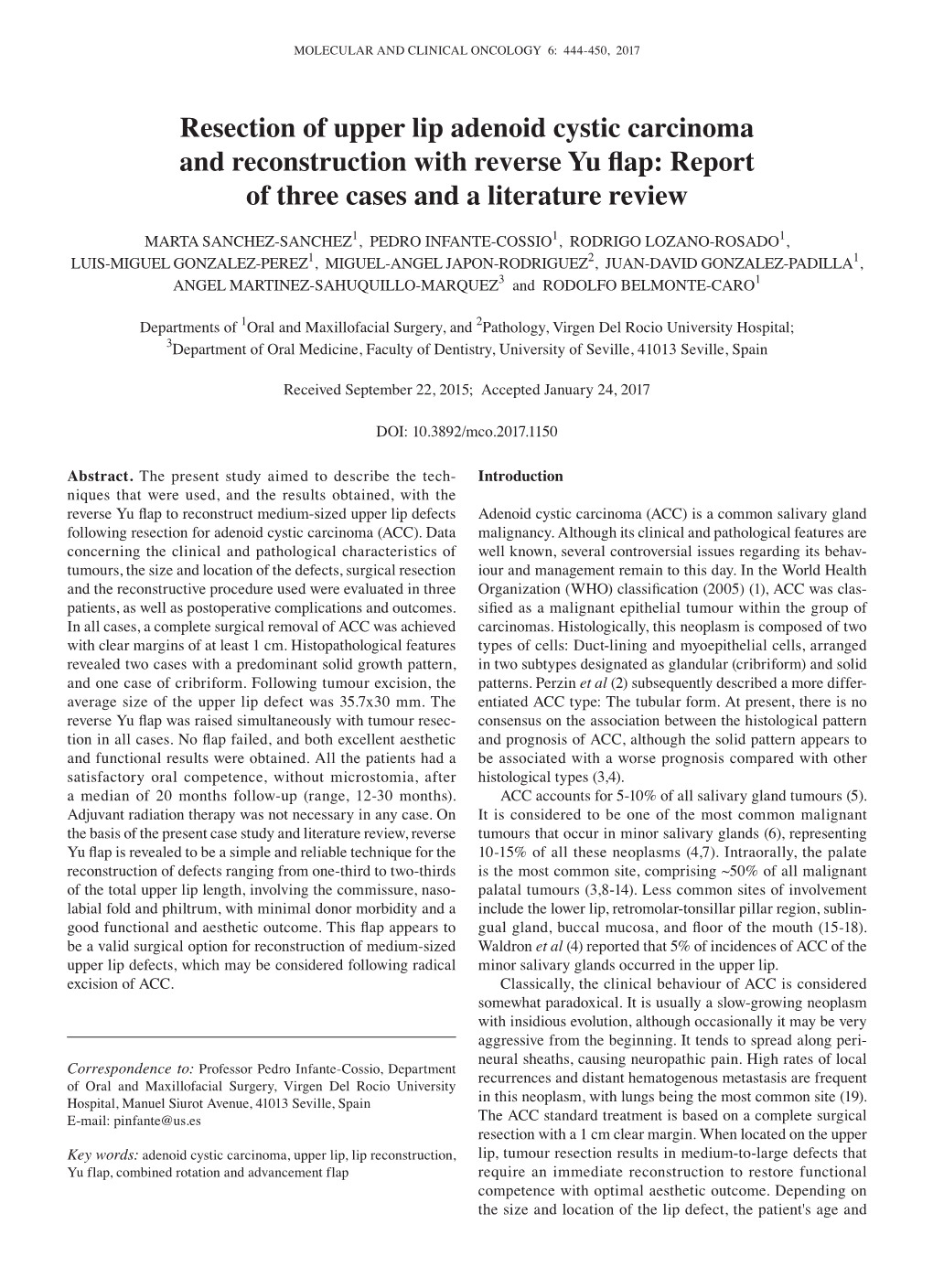 Resection of Upper Lip Adenoid Cystic Carcinoma and Reconstruction with Reverse Yu Flap: Report of Three Cases and a Literature Review