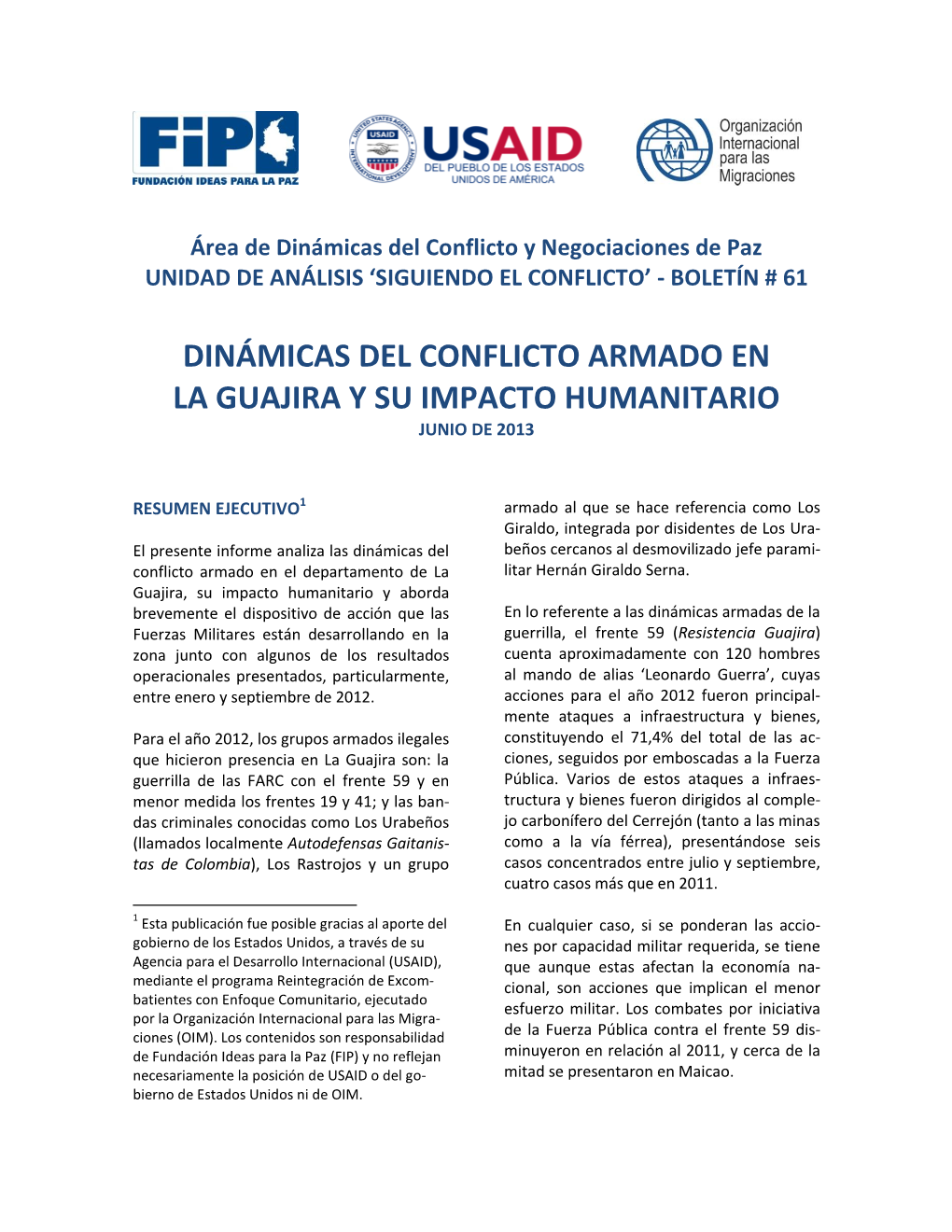 Dinámicas Del Conflicto Armado En La Guajira Y Su Impacto Humanitario Junio De 2013