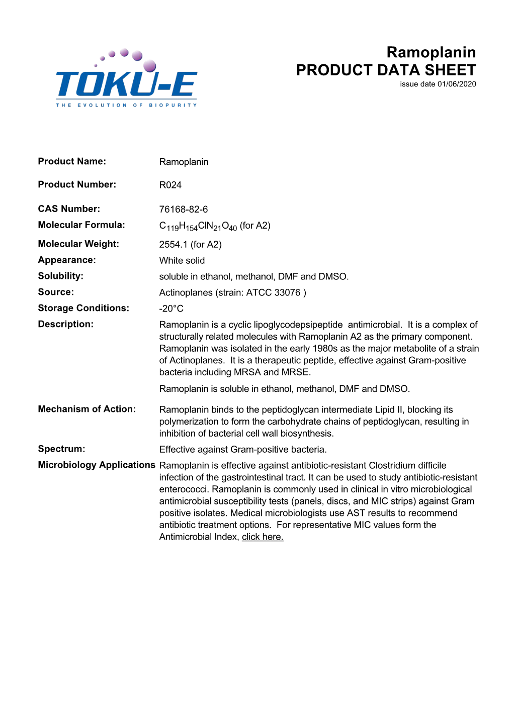 Ramoplanin PRODUCT DATA SHEET Issue Date 01/06/2020