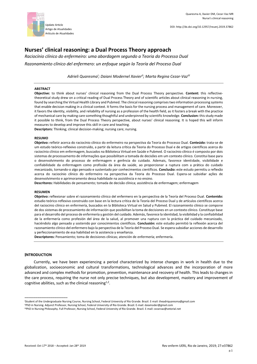 Nurses' Clinical Reasoning: a Dual Process Theory Approach