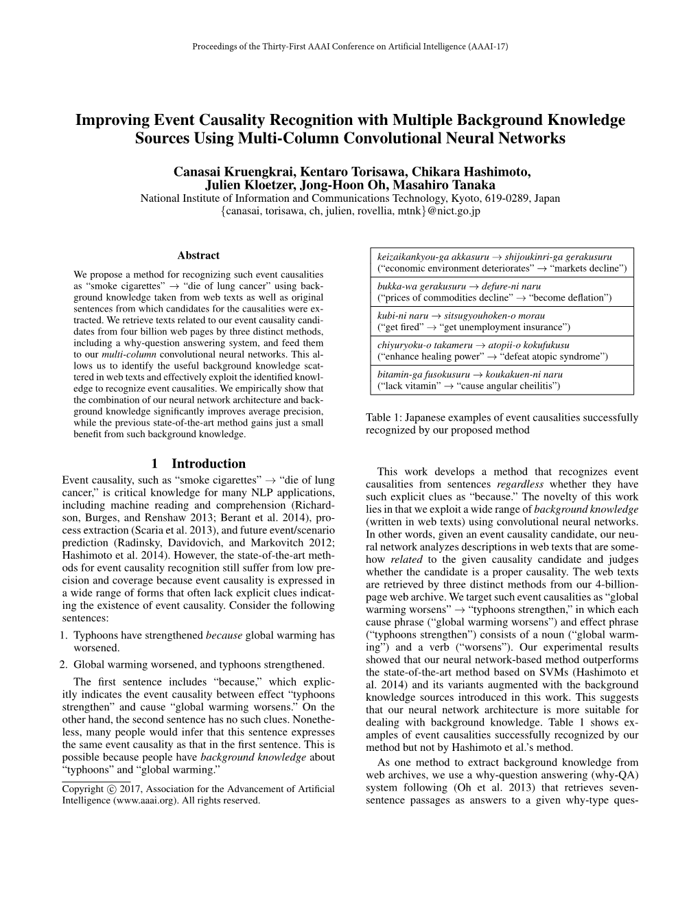 Improving Event Causality Recognition with Multiple Background Knowledge Sources Using Multi-Column Convolutional Neural Networks