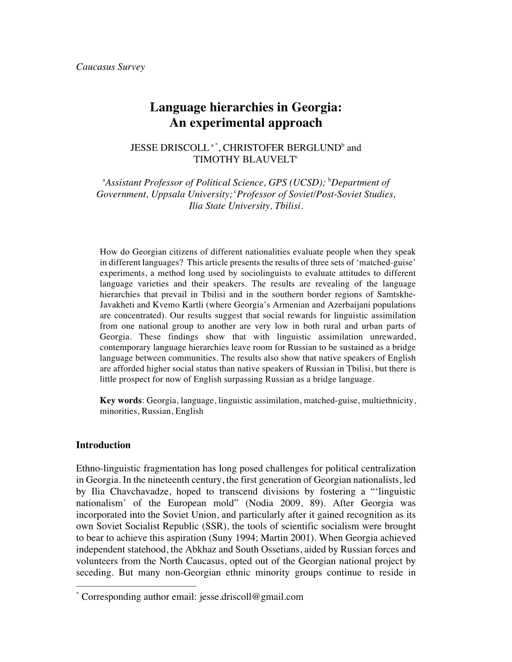 Language Hierarchies in Georgia: an Experimental Approach