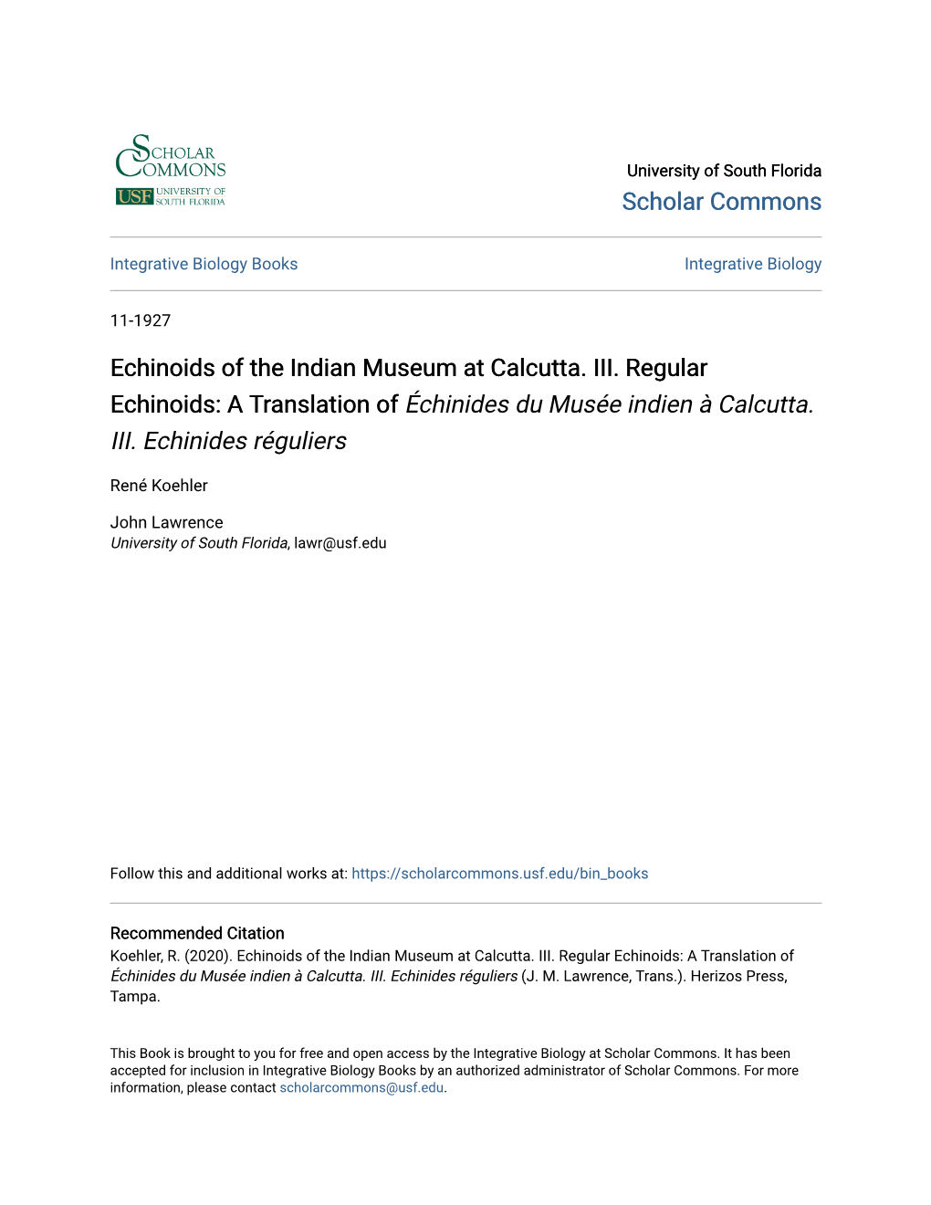 Echinoids of the Indian Museum at Calcutta. III. Regular Echinoids: a Translation of Échinides Du Musée Indien À Calcutta