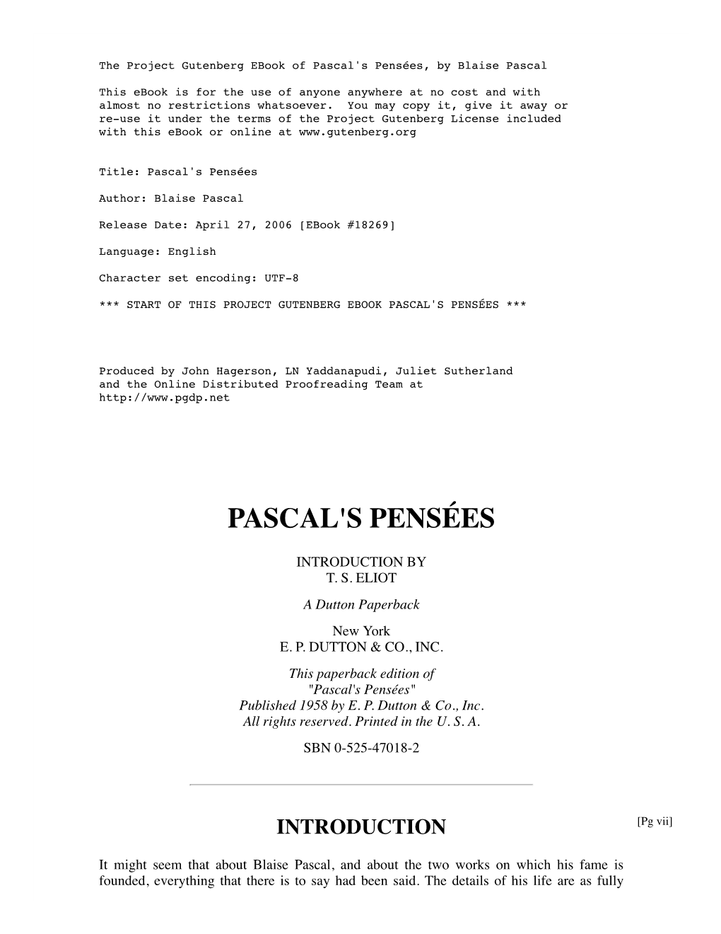 Pascal's Pensées, by Blaise Pascal